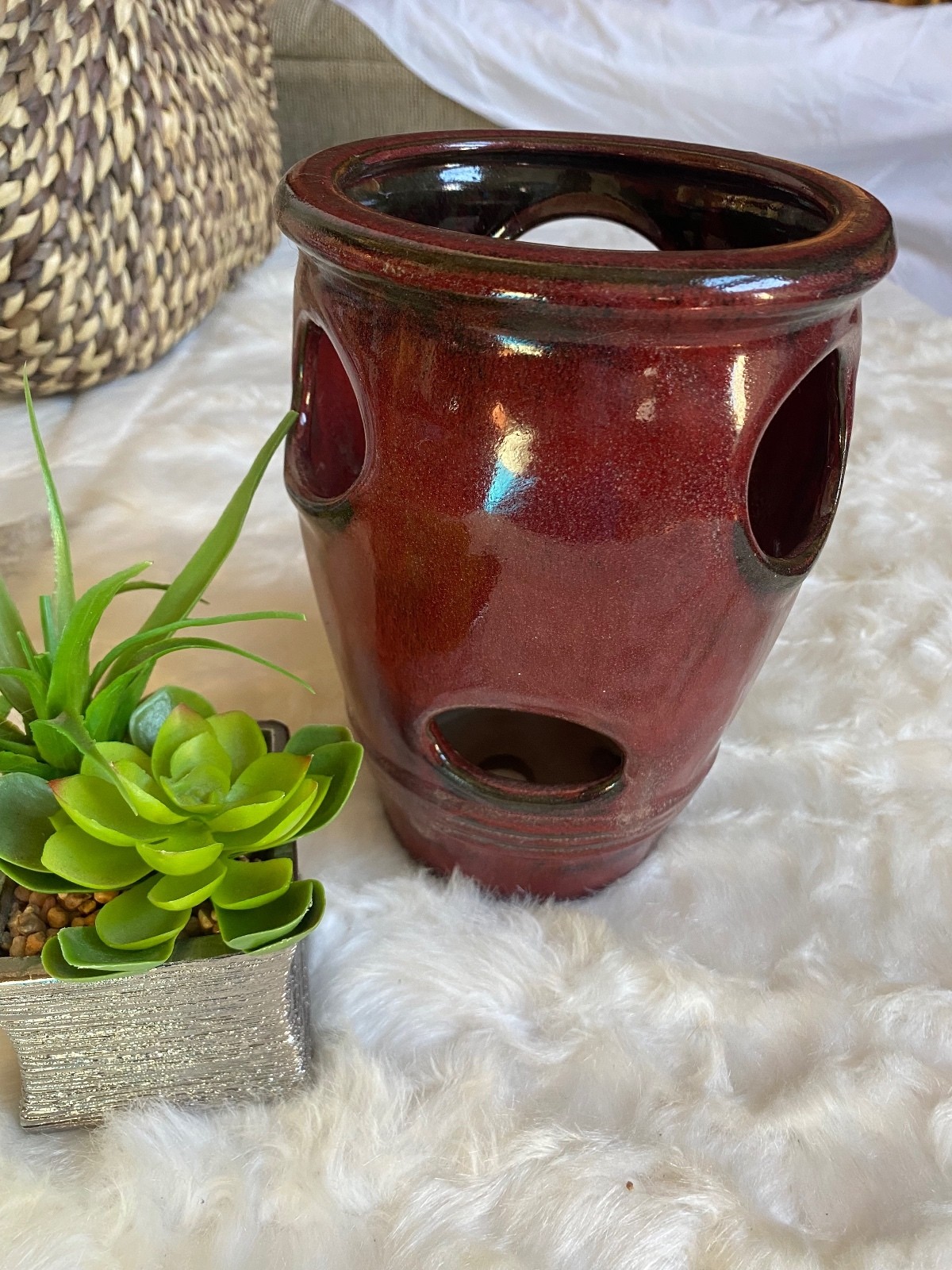 Red Ceramic Planter Pot with Multiple Side Openings and Drainage Hole