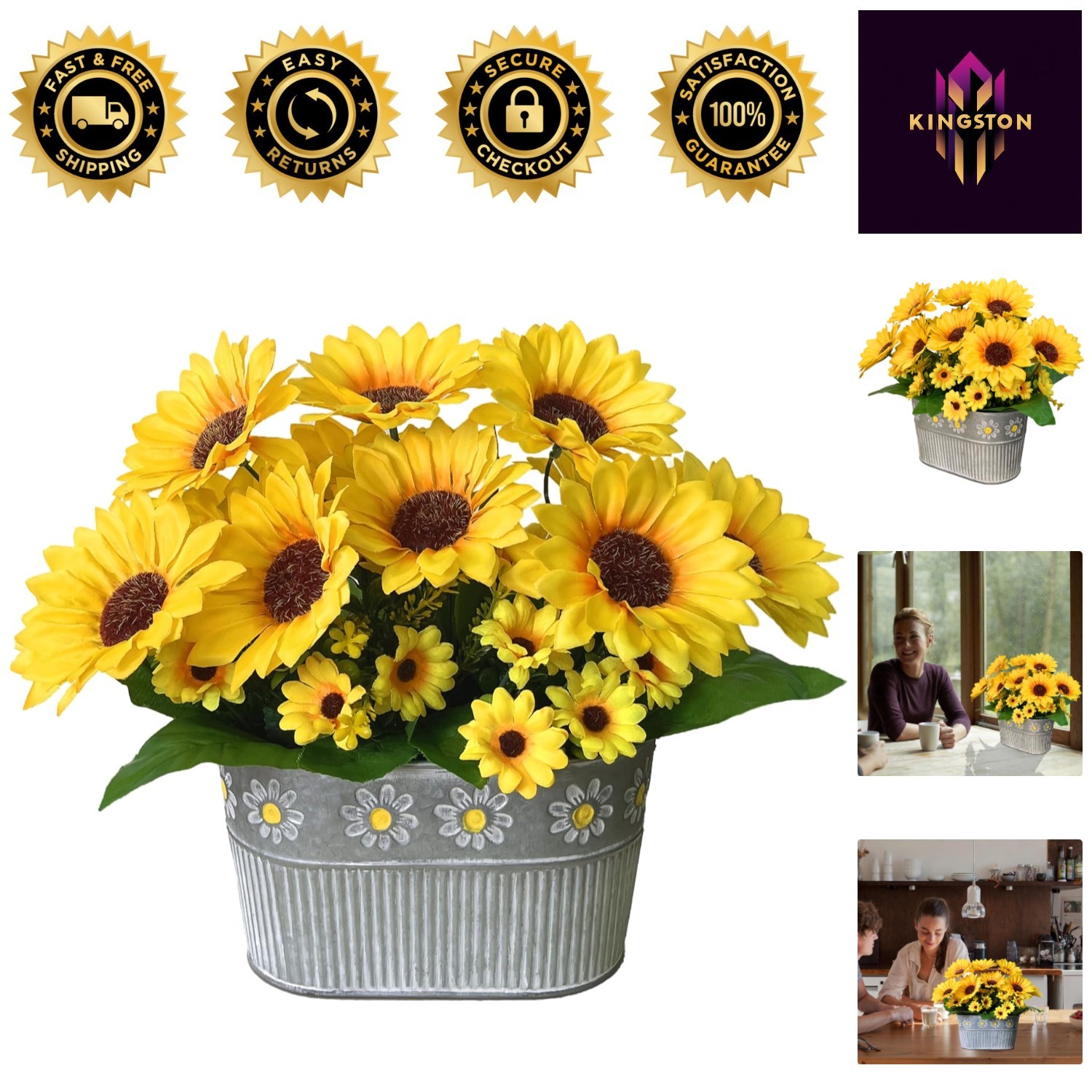 Low-Maintenance Silk Flower Centerpiece – Rustic Metal Pots, Set of 3 Sunflowers