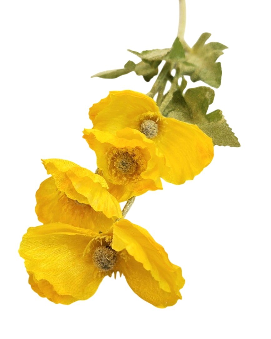 Yellow Artificial Poppy Flower Stems Silk & Plastic Foliage Single Stem Realisti