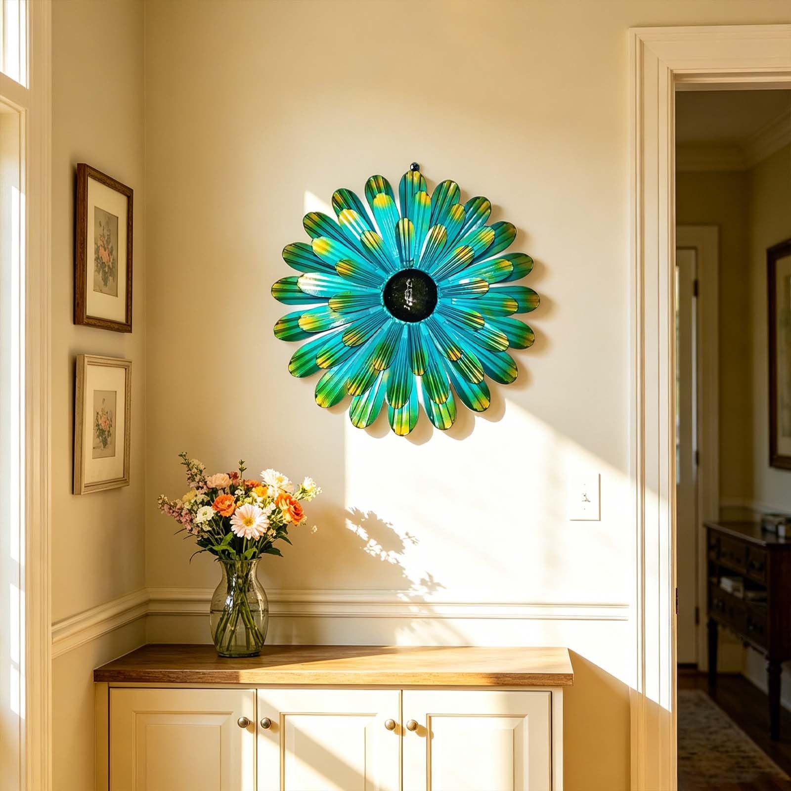 2 Pcs Green Metal Floral Wall Decor 3D Layered Flower Sculptures