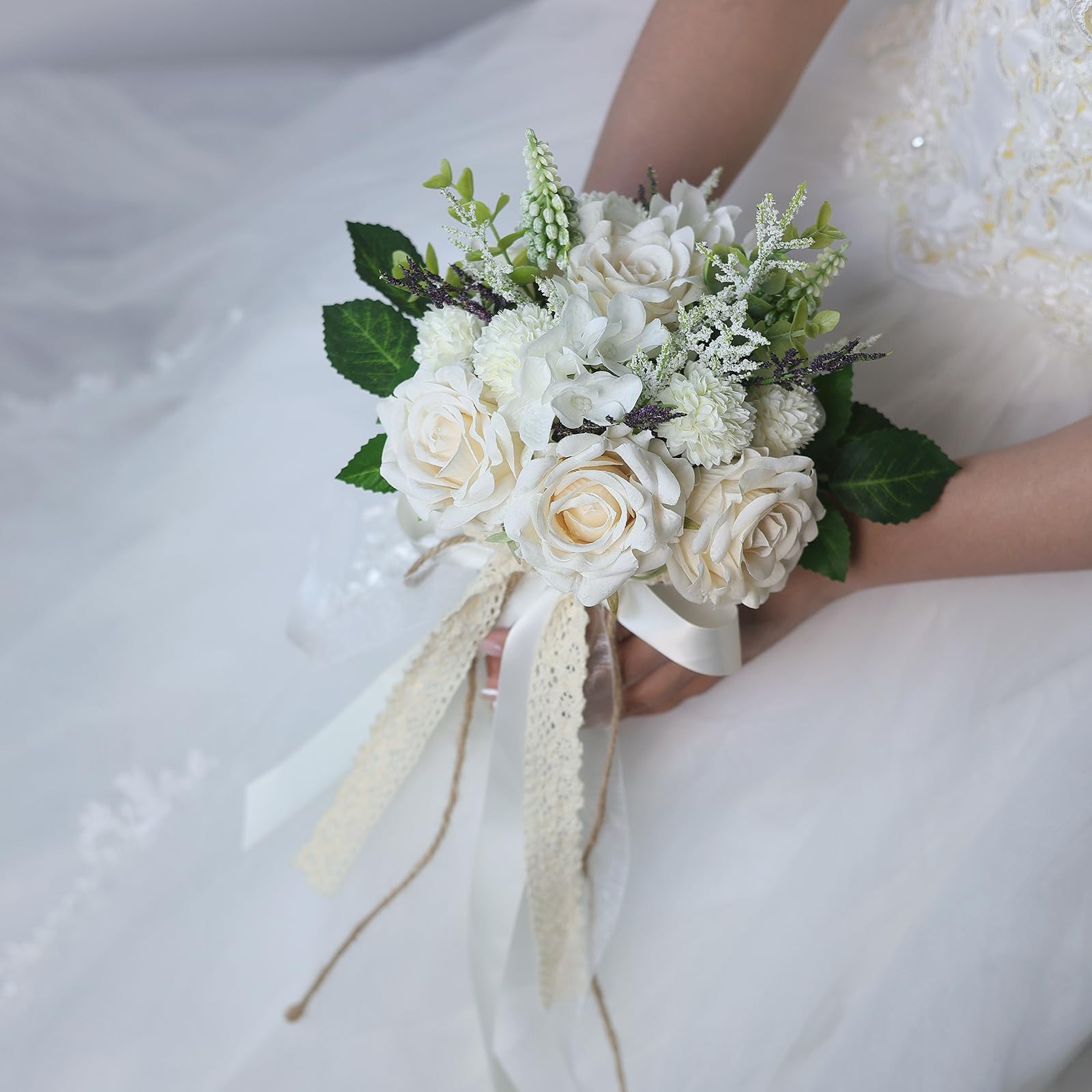 Wedding Bouquets for Bride Bridesmaid,White Champagne Artificial Roses Flower…