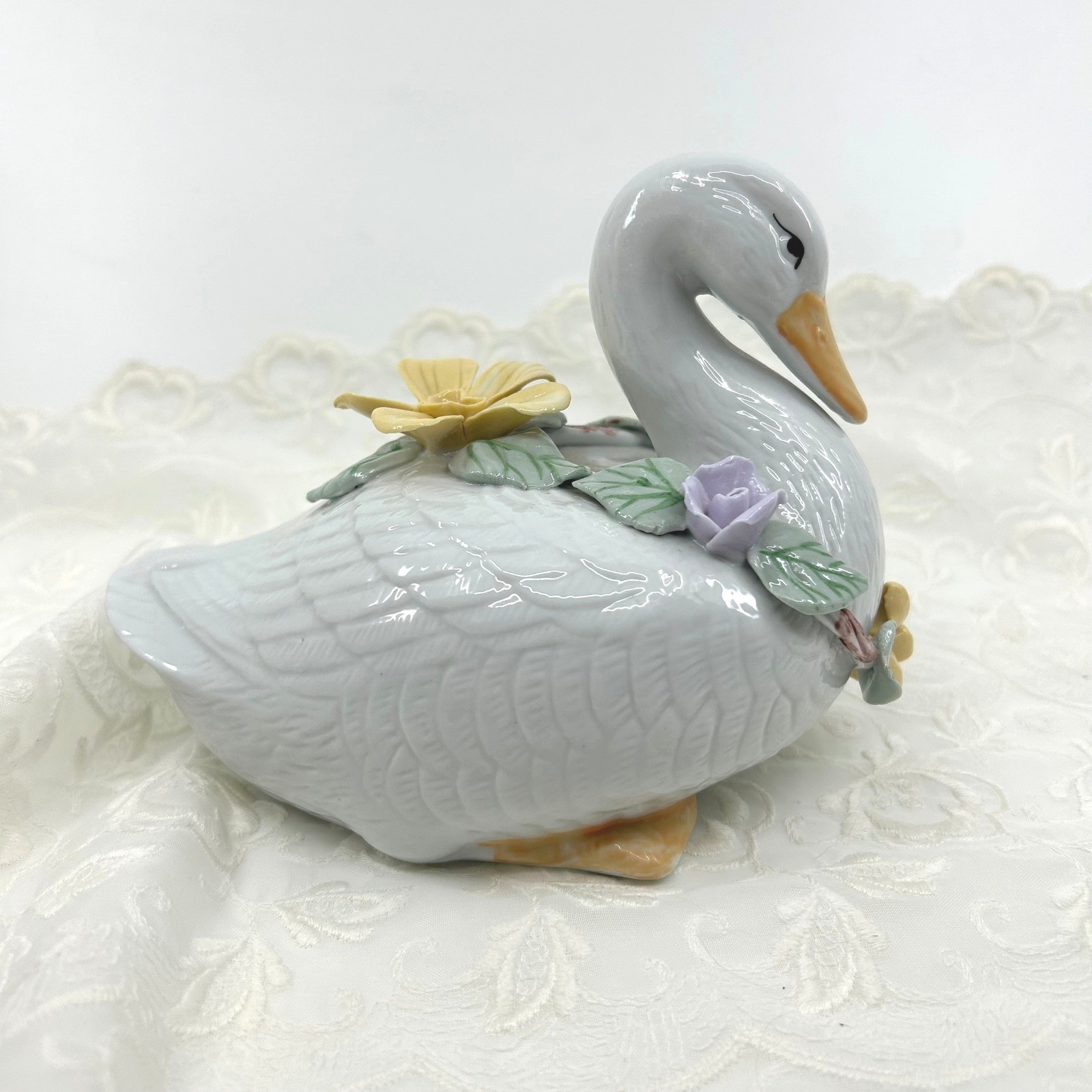 Vintage Swan Goose Figurine Floral Wreath Cottagecore Home Decor