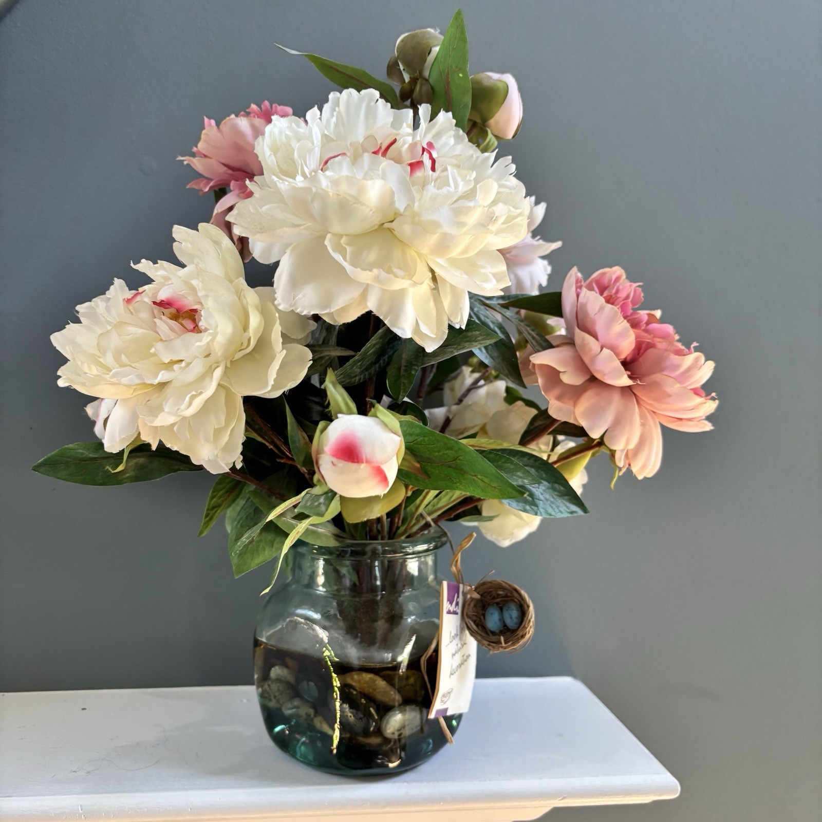 NDI Pink Fuschia Peonies Artificial Flower Arrangement Glass Vase Robbins Nest