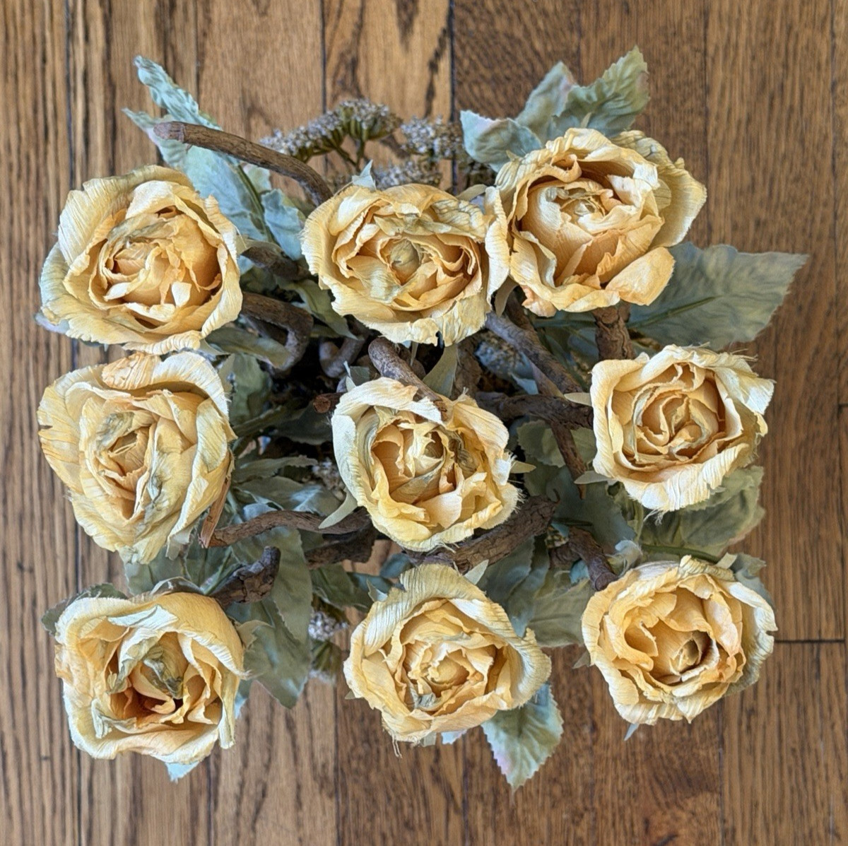 Faux Yellow Crepe Paper Roses in Cherub Vase
