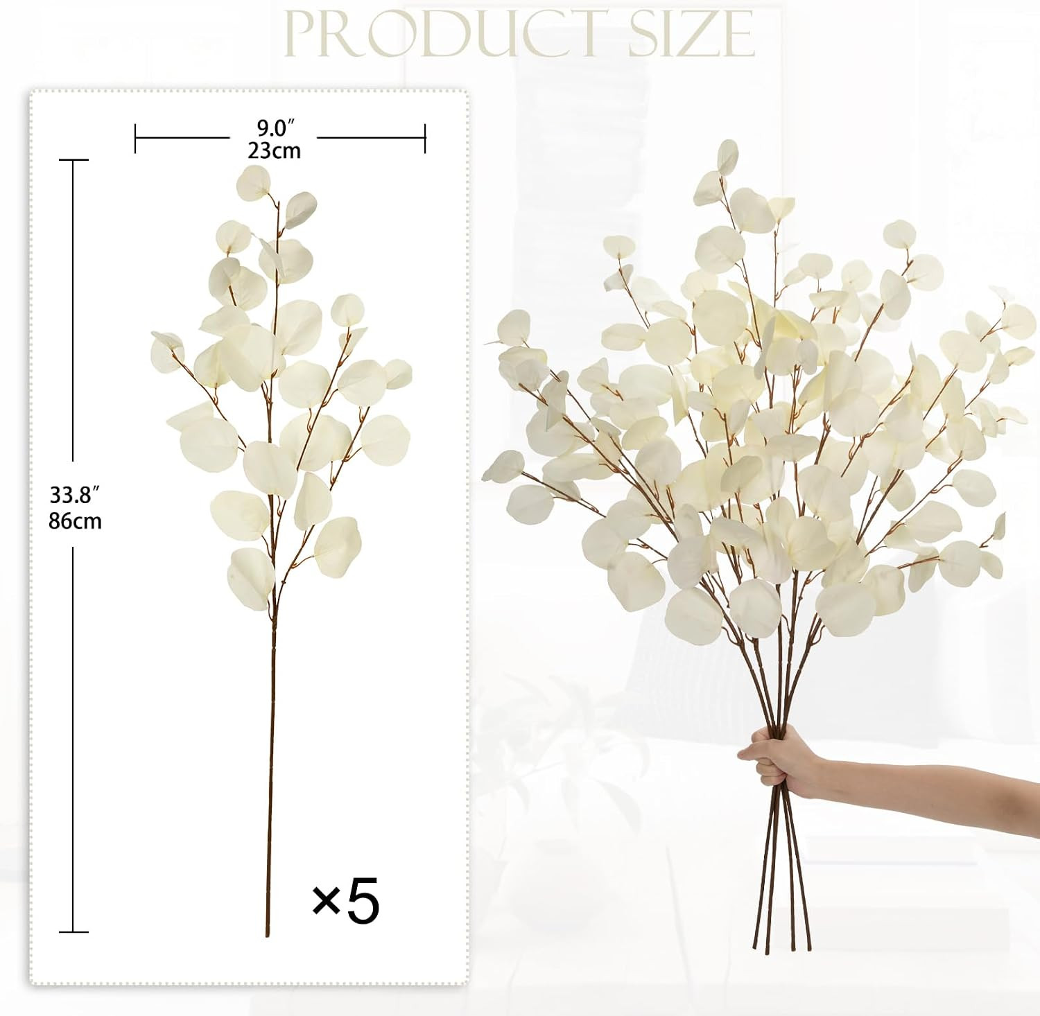 Cream White Eucalyptus Stems Fake Eucalyptu Leaves 34” Long Silver Dollar Lea…