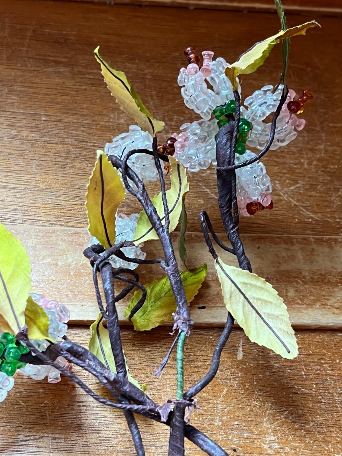 Hand Made Clear Pink & Orange Plastic Flowers w Green Silk Leaves –