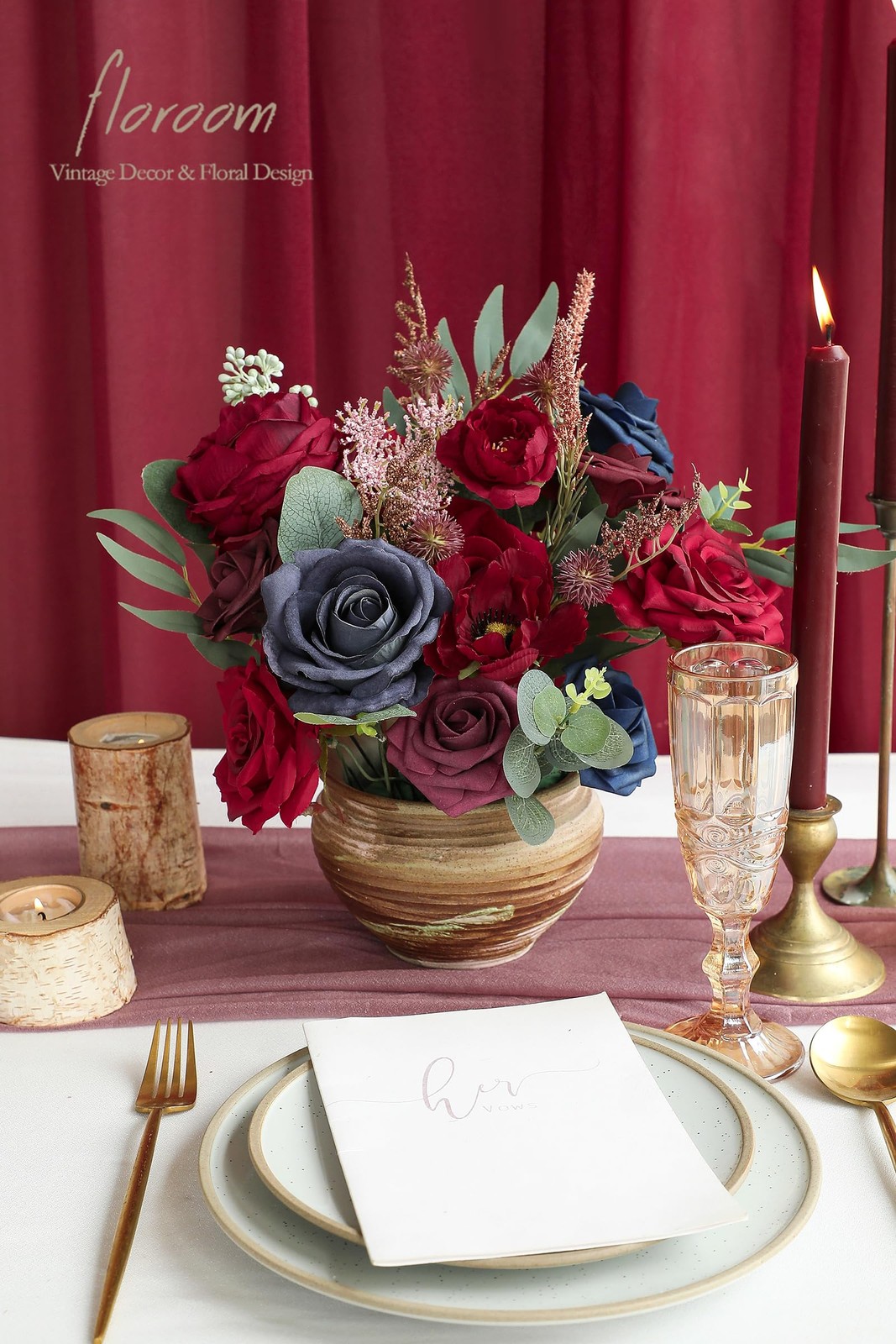 Burgundy, Navy Blue Artificial Flowers, Combo Box, Roses, Peonies, DIY Bouquet