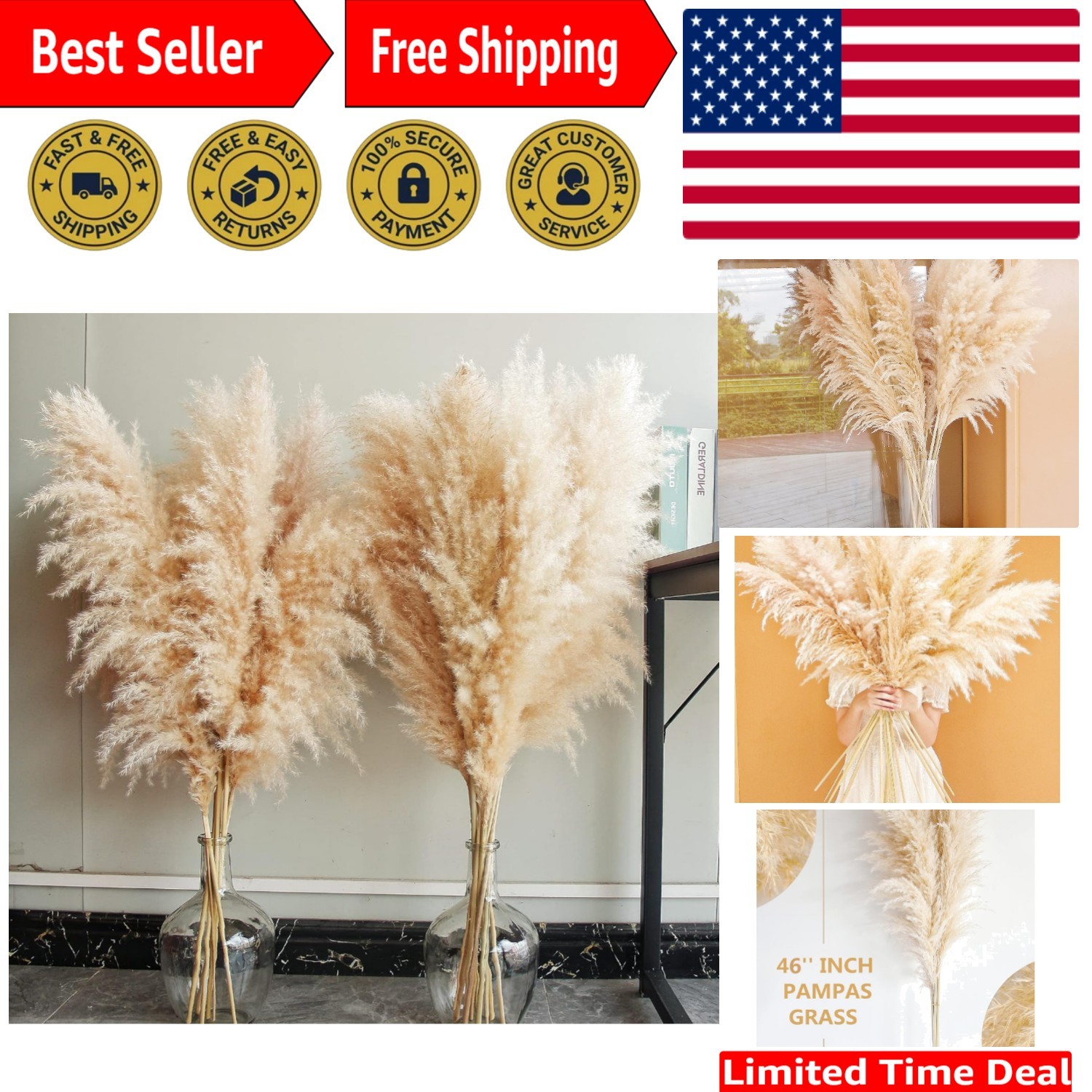 Natural Beige Pampas Grass – 40″ Tall, 10 Stems for Unique Gifting & Decor