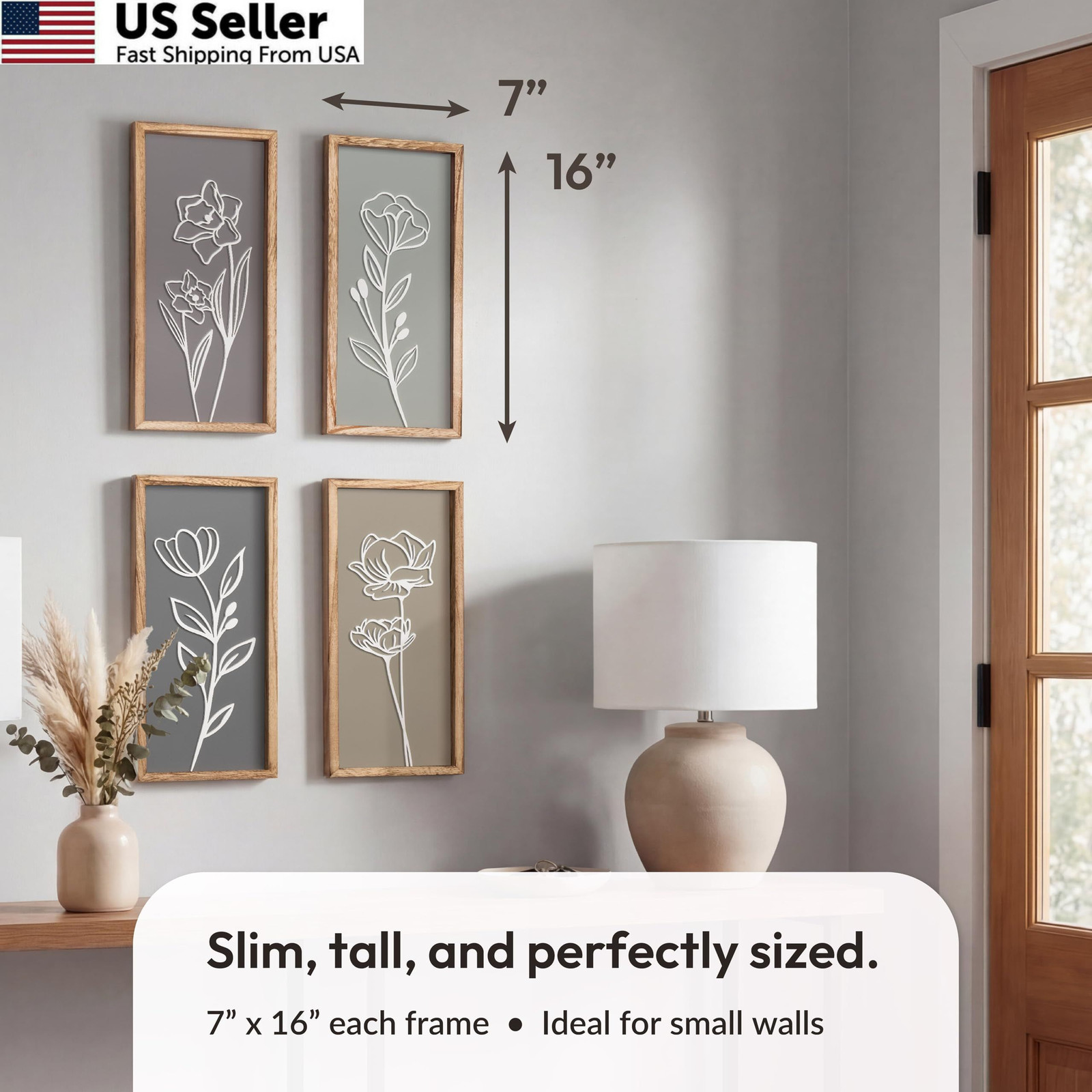 3D Wooden Floral Bathroom Wall Decor (Set of 4) 7″ x 16″, Naturals