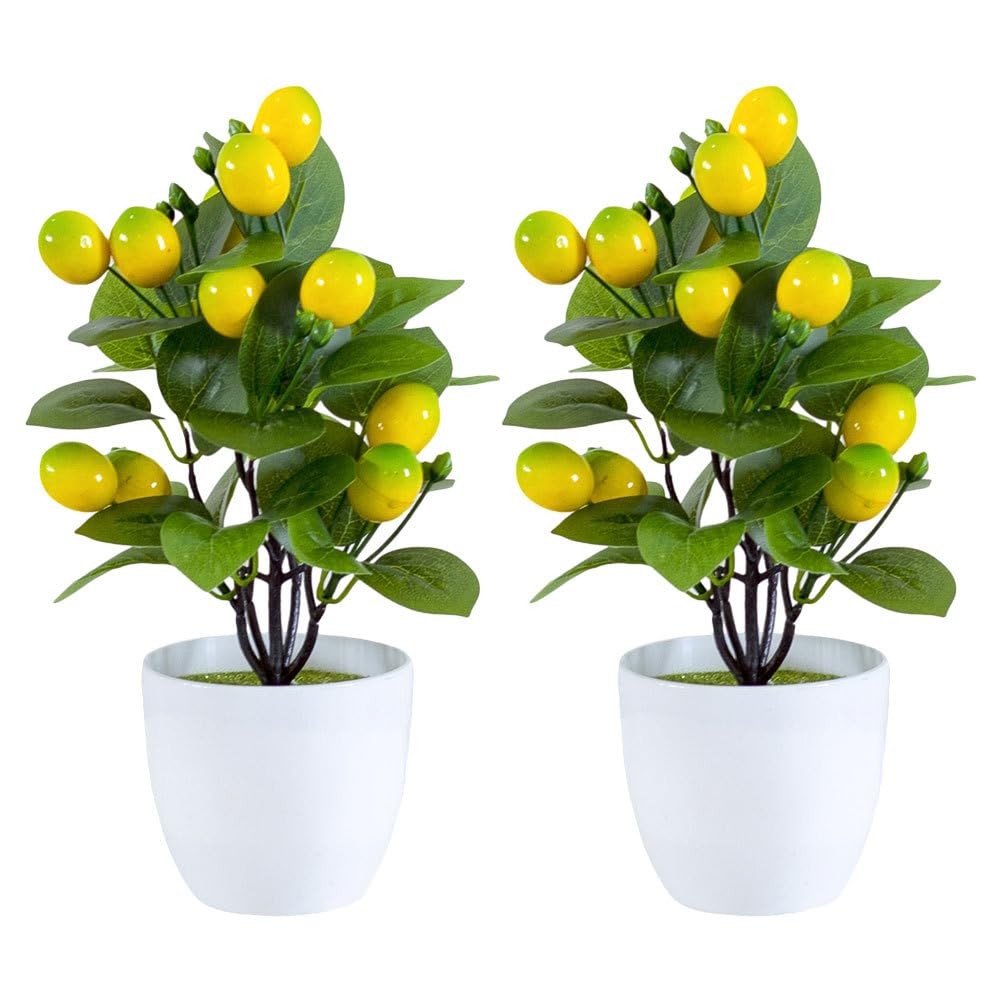 Artificial Mini Lemon Tree Potted Plant 2 PCS Faux Bonsai Decor Fruit Home