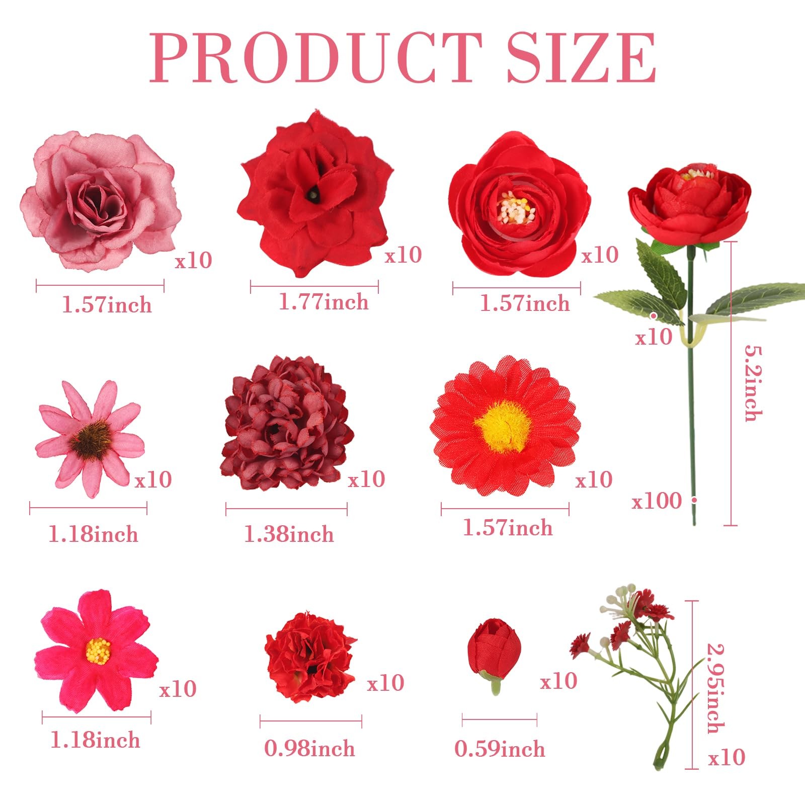 100 PCS Red Fake Mini Silk Artificial Flower Heads For Hair Crafts Wedding