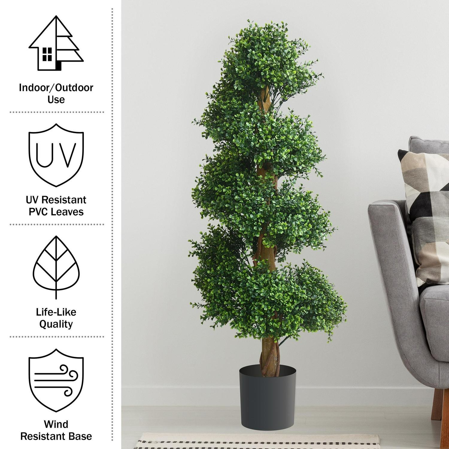 Spiral Topiary Arrangement And Weighted Pot – Faux Boxwood