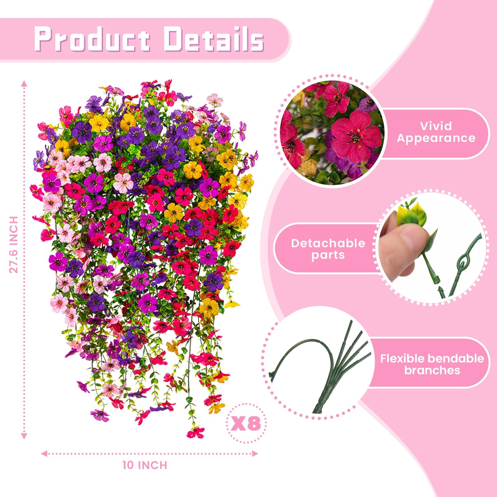 8PCS Artificial Hanging Fake Flowers for Outdoor Decoration Faux Silk Flowers…