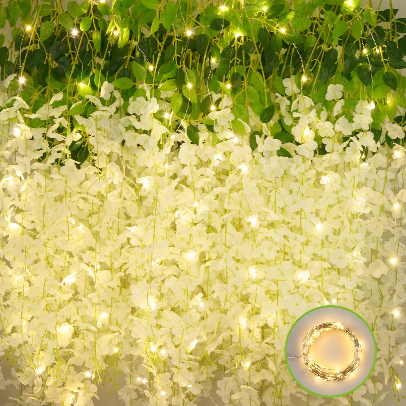 12Pcs Artificial Wisteria Hanging Flowers with Lights, 3.6Ft/Pcs White Fake W…