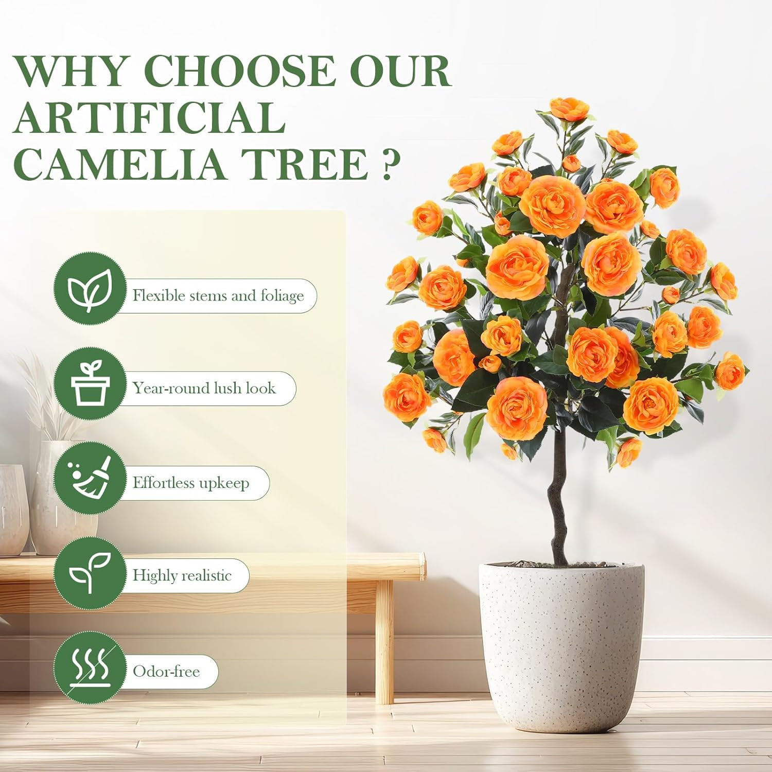 2 Pack 4Ft UV Resistant Faux Camellia Plants for Outdoor Decor, Orange