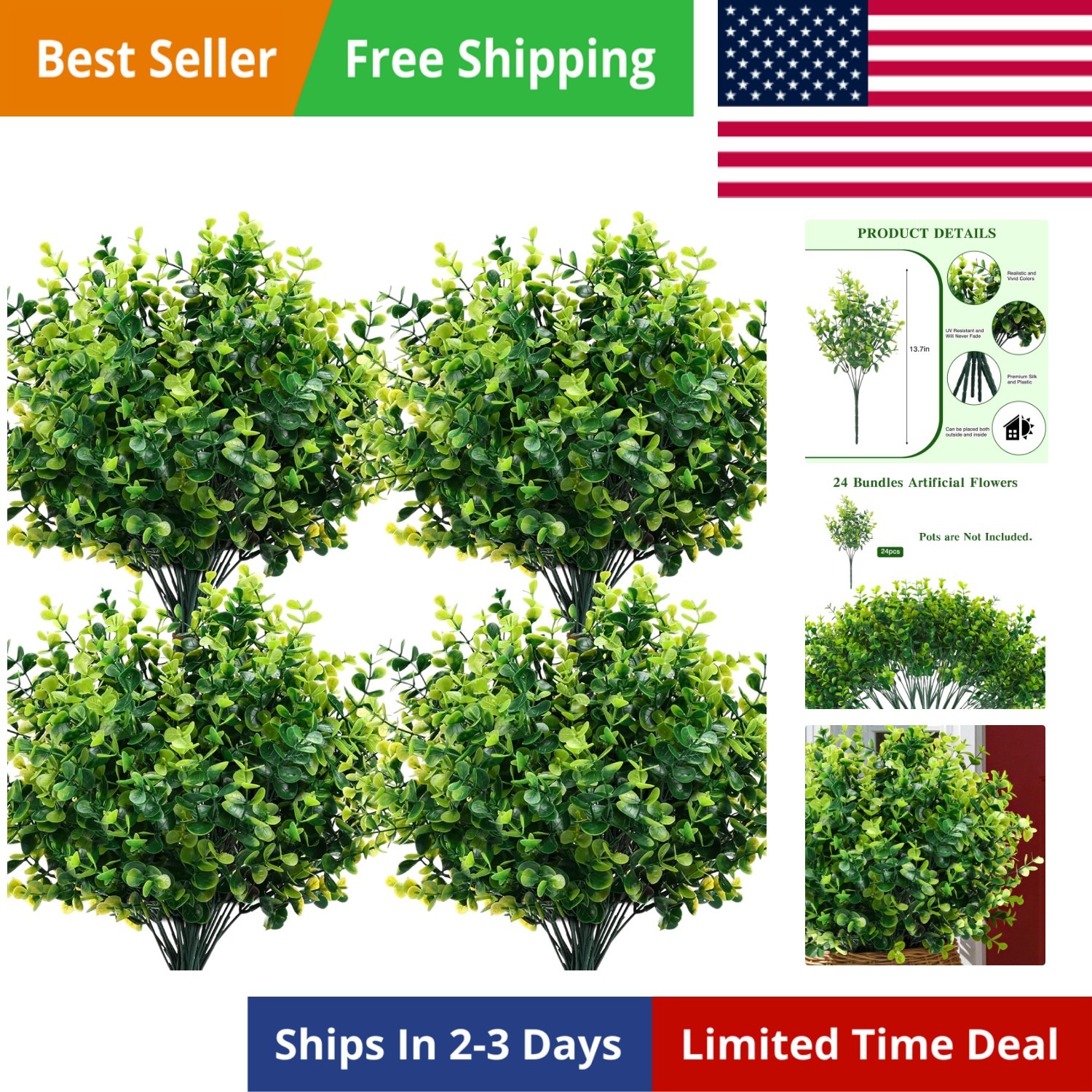 Artificial Boxwood Stems 24 Pack Artificial Plants for Outdoor UV Resistant F…