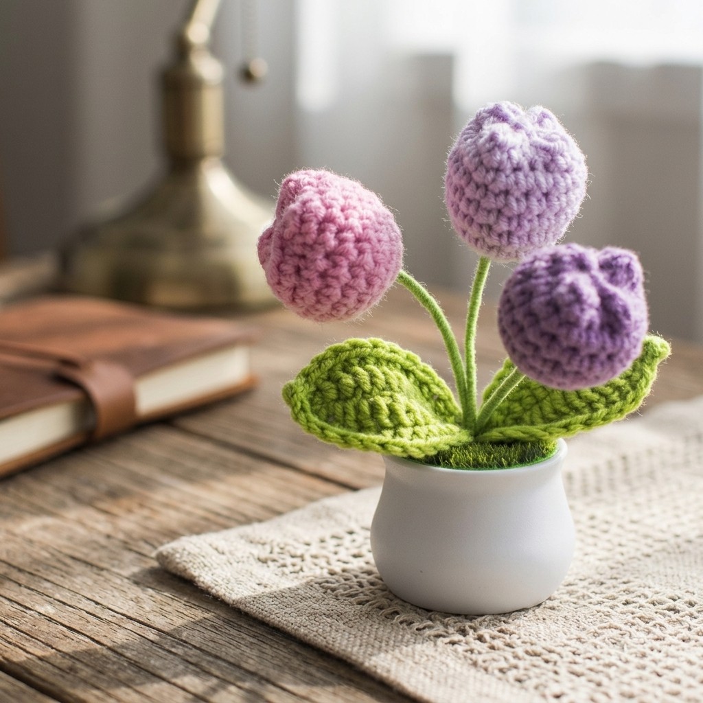 Handmade Crochet Tulip Potted Plant Decor Knitted Flower Ornament