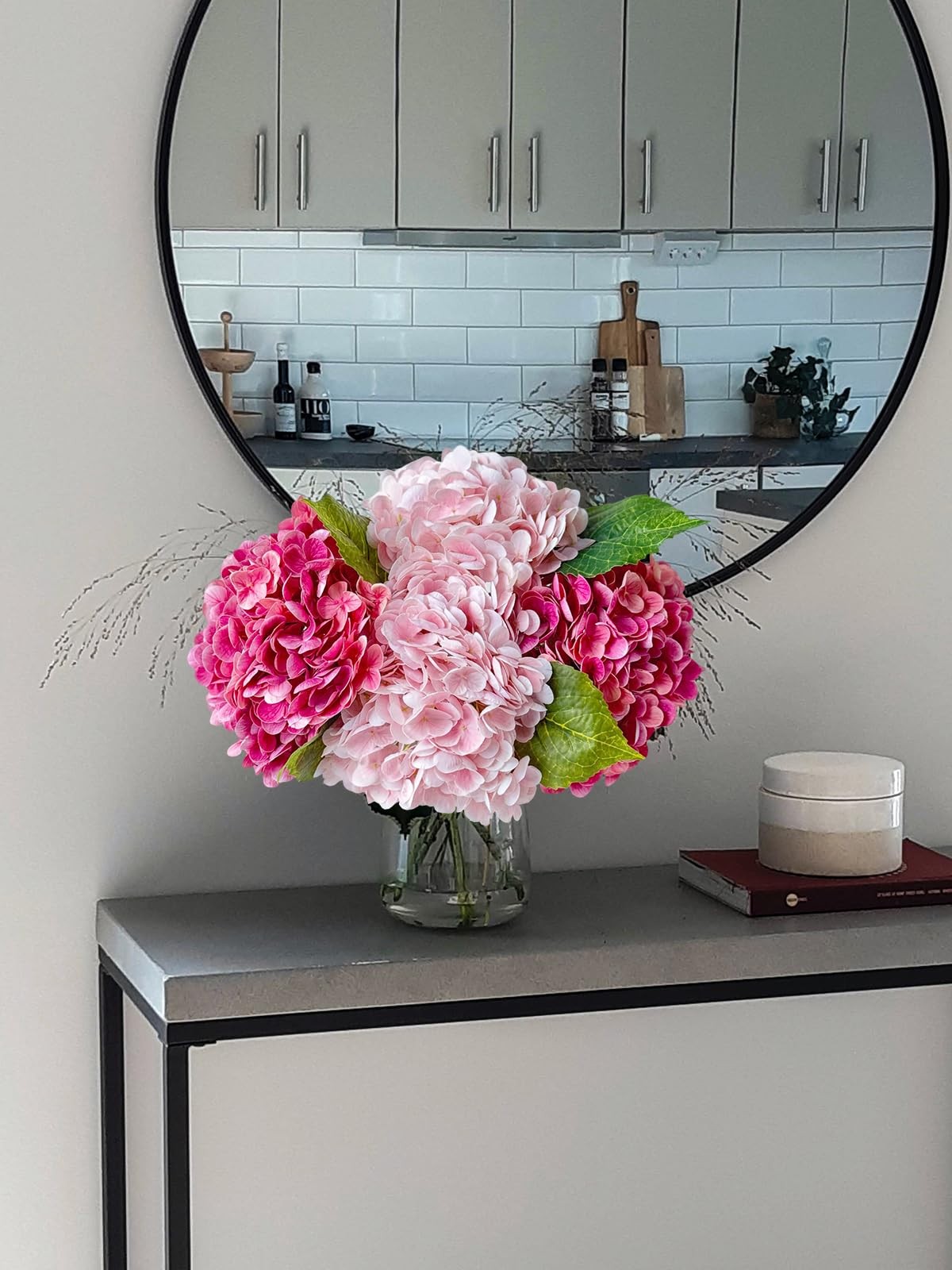 3 pcs Real Touch Hydrangea Artificial Flowers, 21″ Dark Pink Large Long Stems…