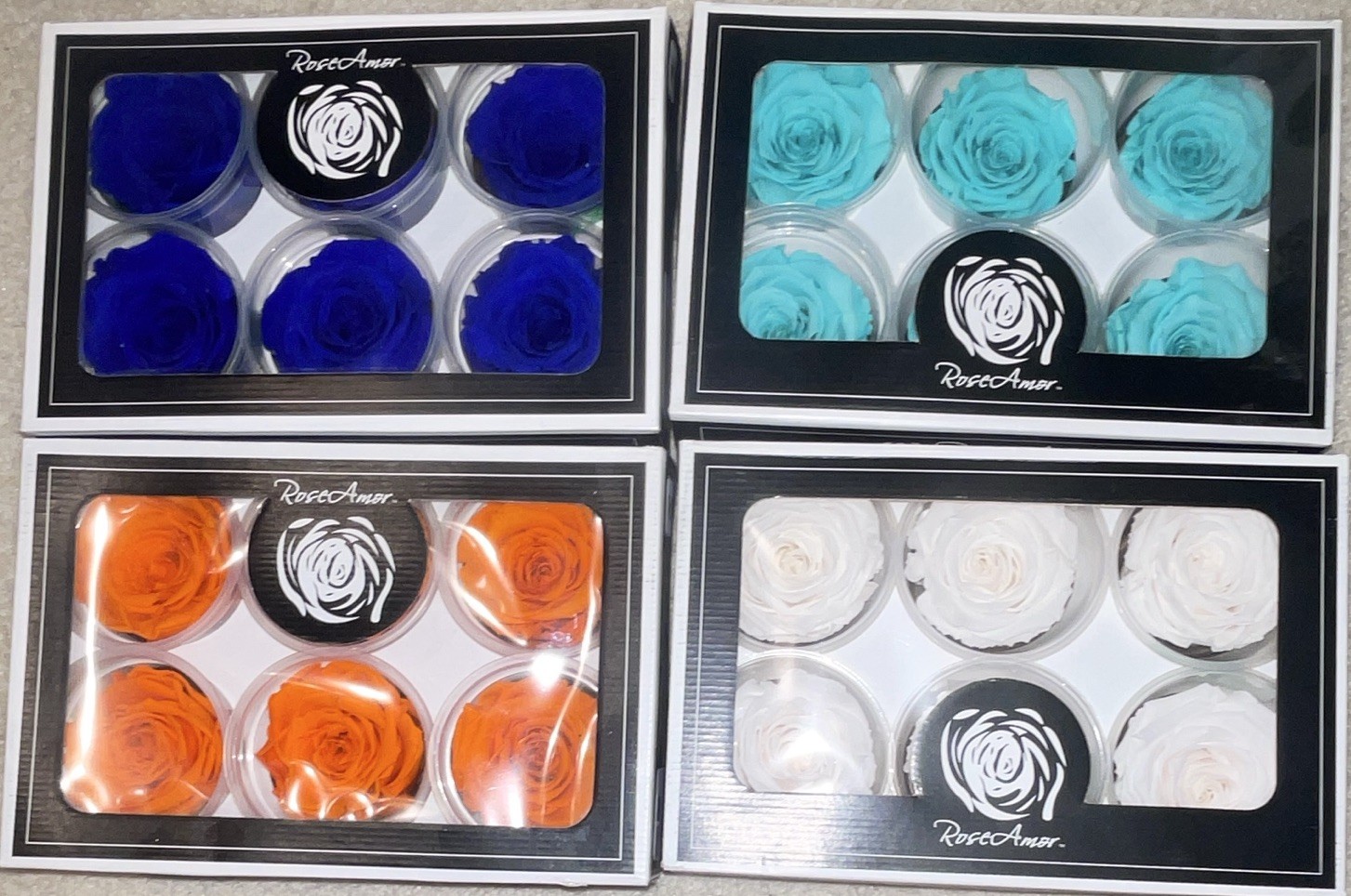 RoseAmor Preserved Rose Flower Heads Gift Boxes Blue, Light Blue, Orange, White