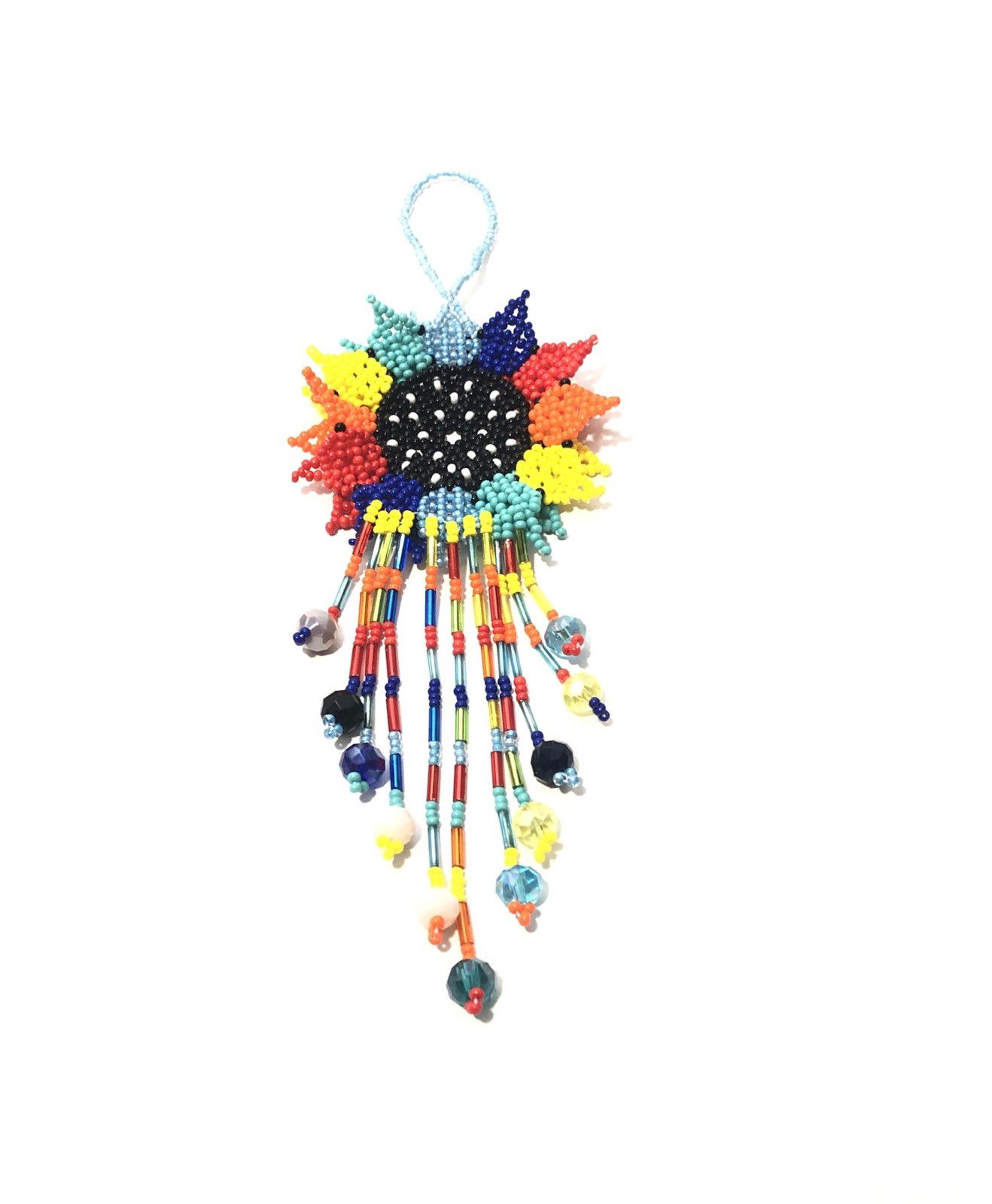 Hand Made Beaded Colorful Mexican Sunflower 5” Seed Bead Dangle Charm Ornament.