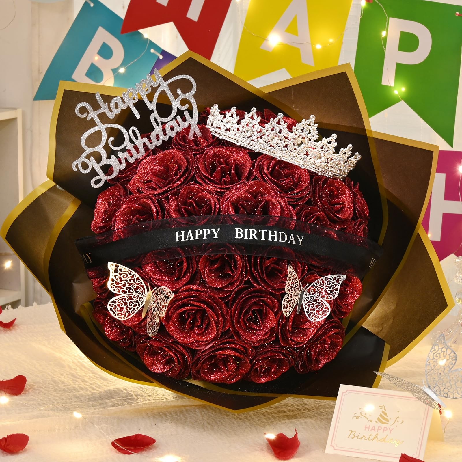 Glitter Roses Bouquet Birthday Gift Women Mom DIY Fake Flowers Red 36 Count