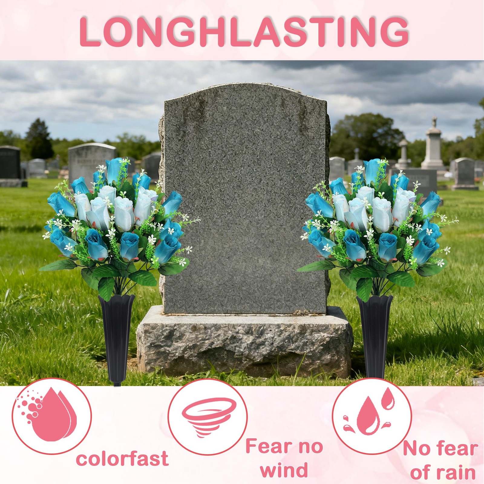 2 PCS Artificial Cemetery Flowers Deep Blue White Memorial Bouquet Vase Spike