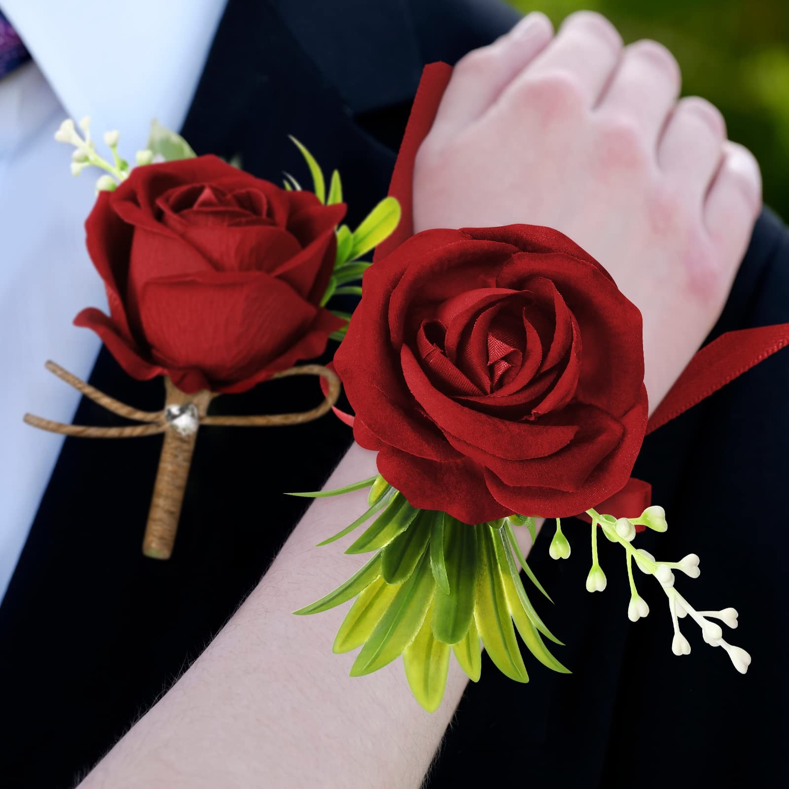Wedding Party Corsage Boutonniere Set 2 Wristlet 2 Groom Rose Burgundy
