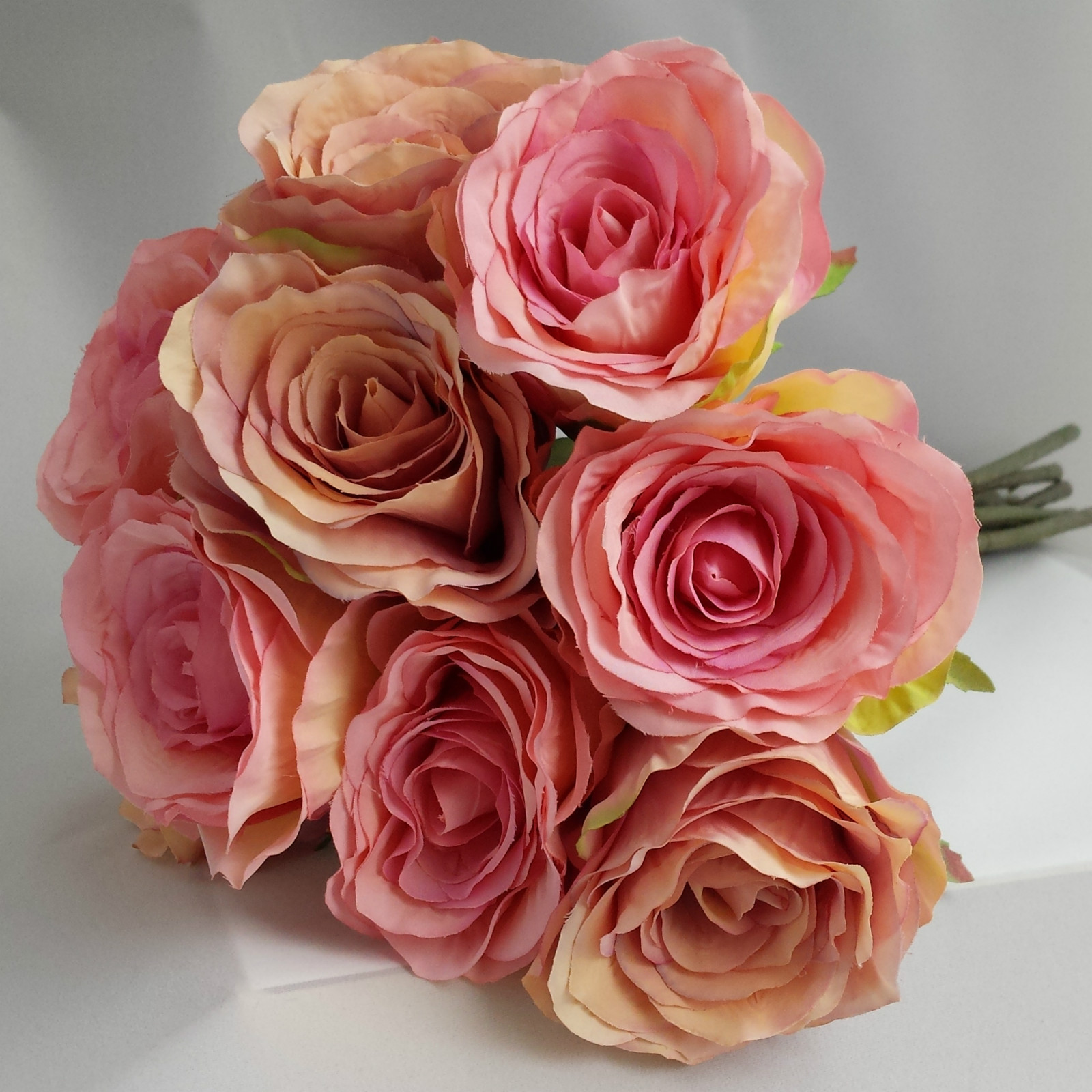 Bunch / Posy of 9 Vintage Style Rose Artificial Flowers. Wedding Bride Long Stem