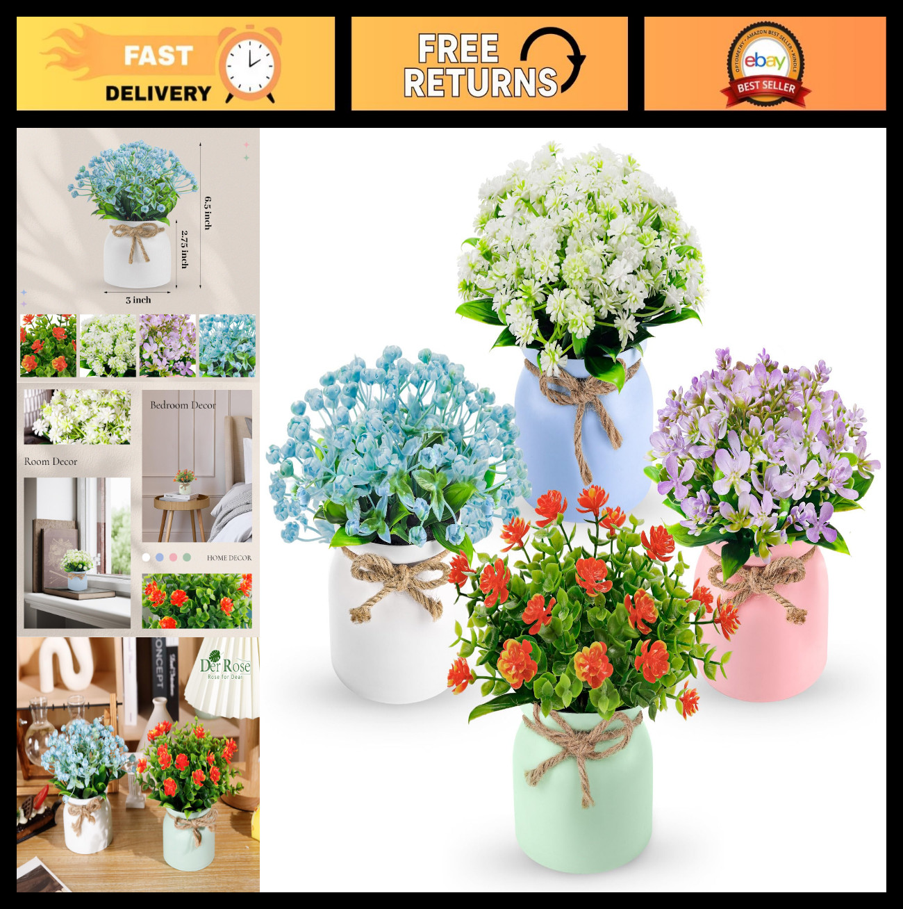 4 Pack Artificial Flowers – Fake Plants for Home, Kitchen, Office, Dining Table