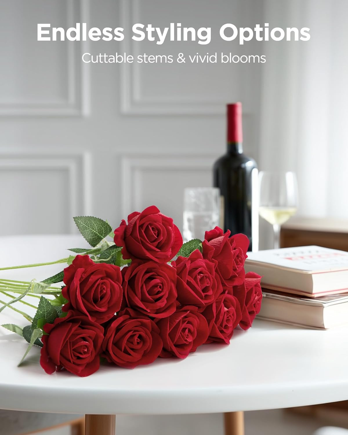 50 Pcs Red Roses Artificial Flowers, Fake Velvet Silk Rose Bulk Faux Flower f…