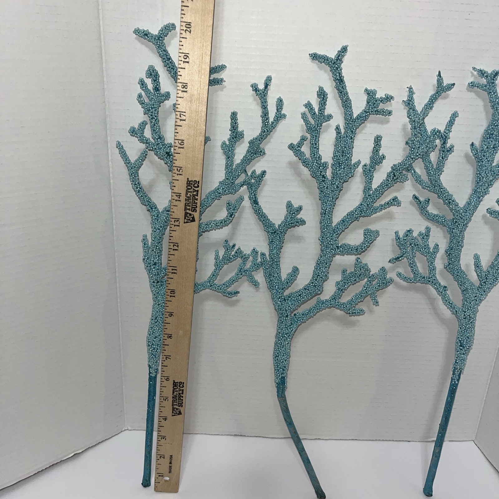 Lot Of 3 Glittered Beaded Twig Branch Spray Blue Coral Nautical Branch Florals