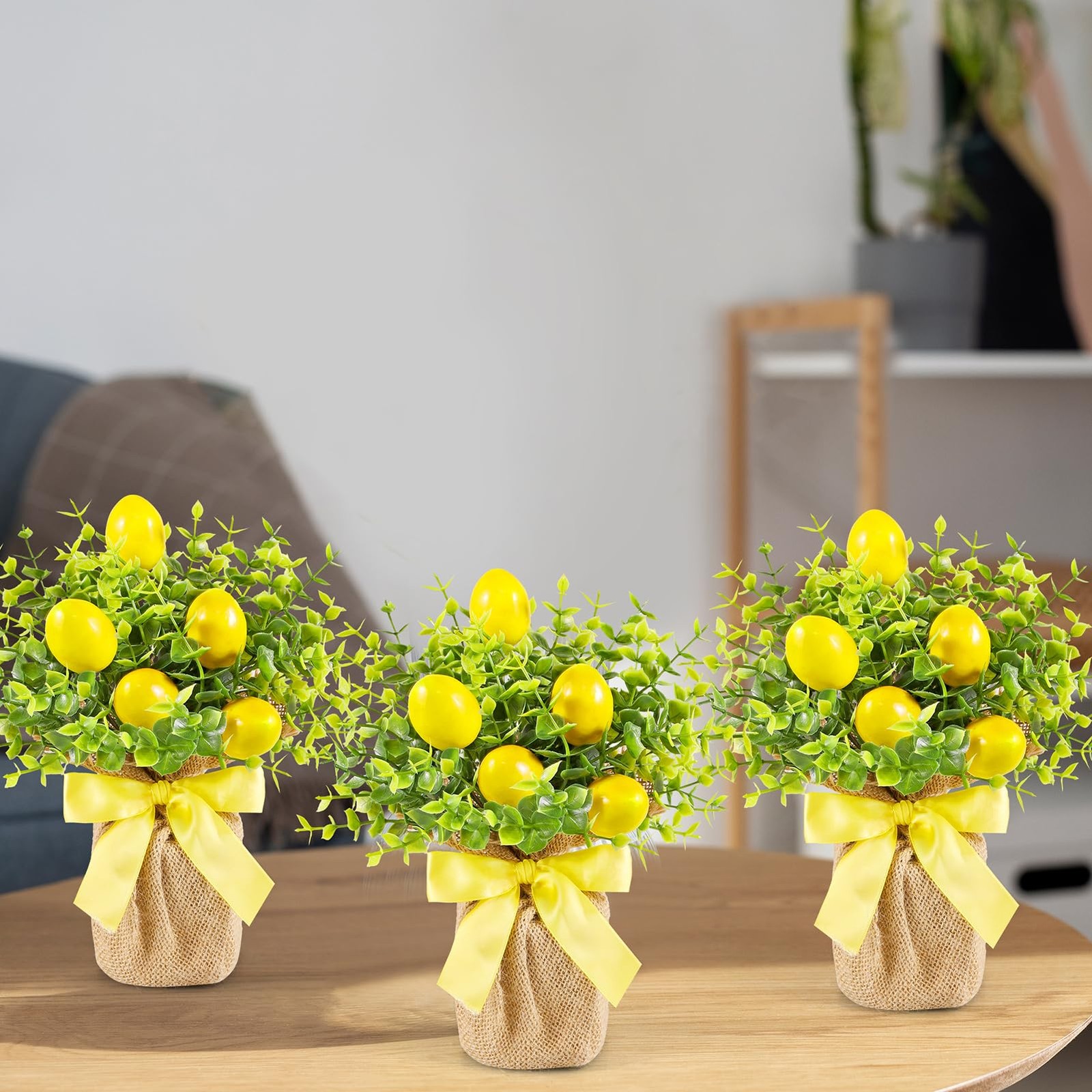 3 Pack Artificial Potted Lemon Flowers Plastic Faux Lemons in Small Burlap Ba…