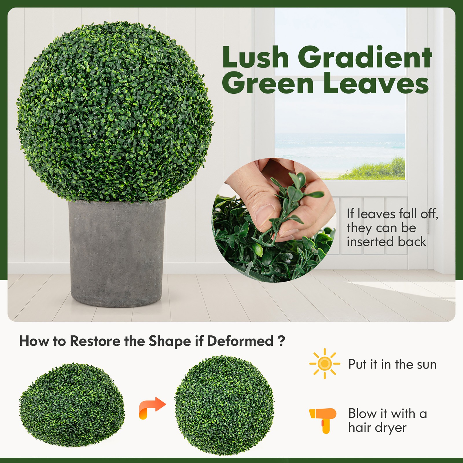 2 PCS 20” Artificial Boxwood Topiary Balls Sun-protective Round Greenery Bushes