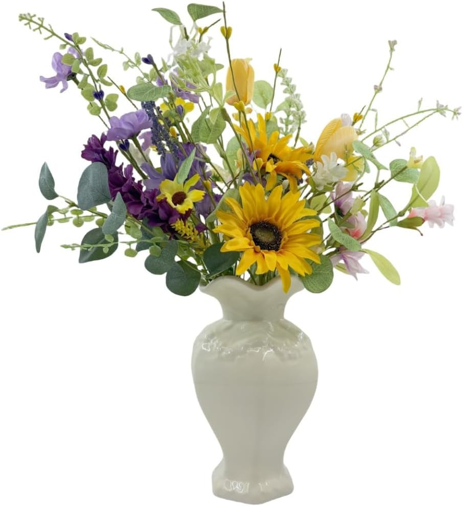 Artificial Wildflower Bouquet – 8 Bundles of Silk Daisy & Sunflower Stems