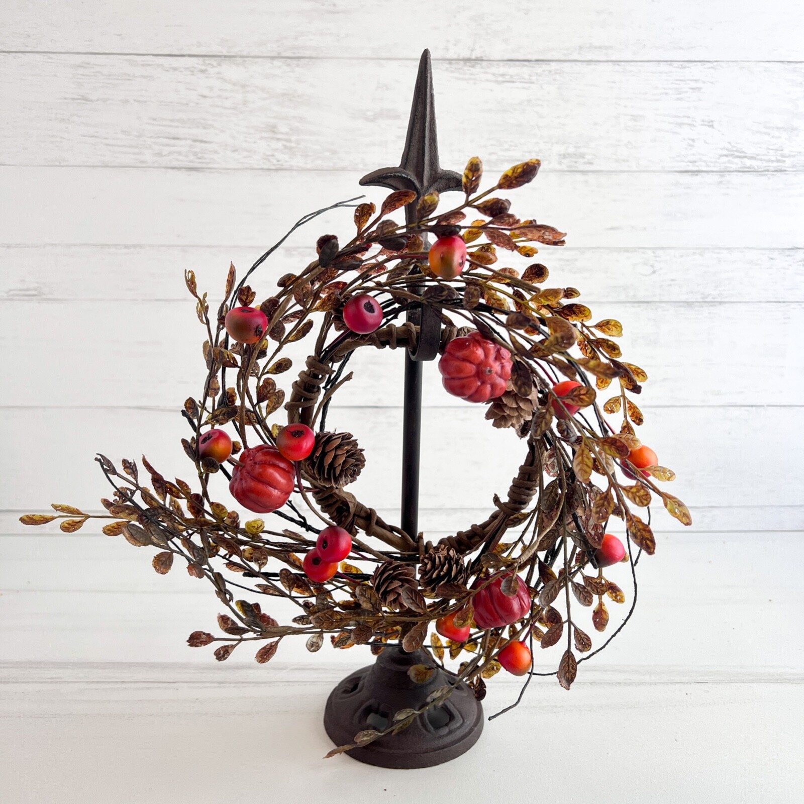 Pumpkin & Berry Candle Ring / Wreath 4.5″ Inner Diameter Autumn Fall Floral
