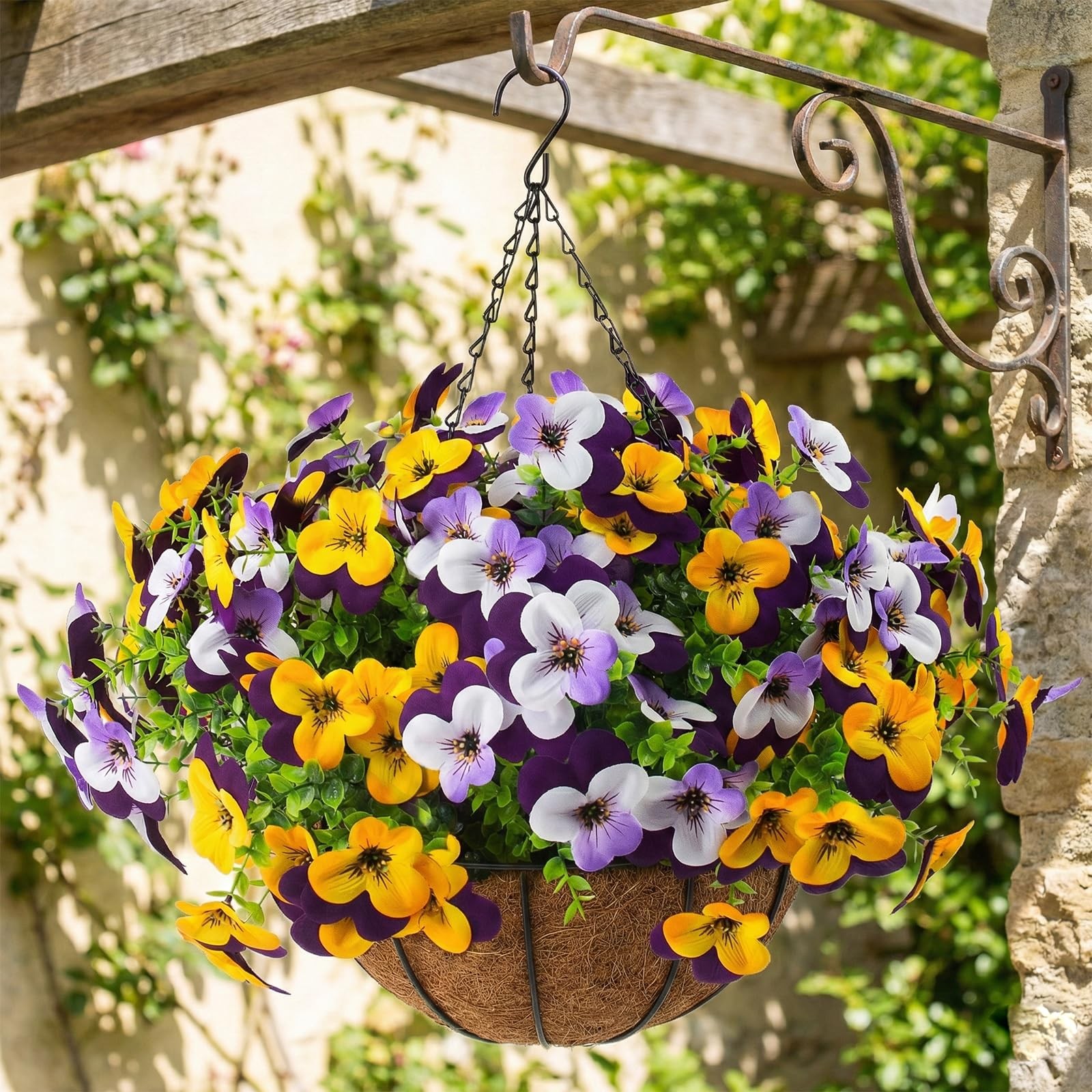 2 Set Artificial Outdoor Pansy Flowers with Hanging Baskets, 2 Hanging Basket…