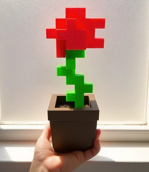 Pixel Rose Flower Decor 3D Printed Block Style Desk Ornament Home Office