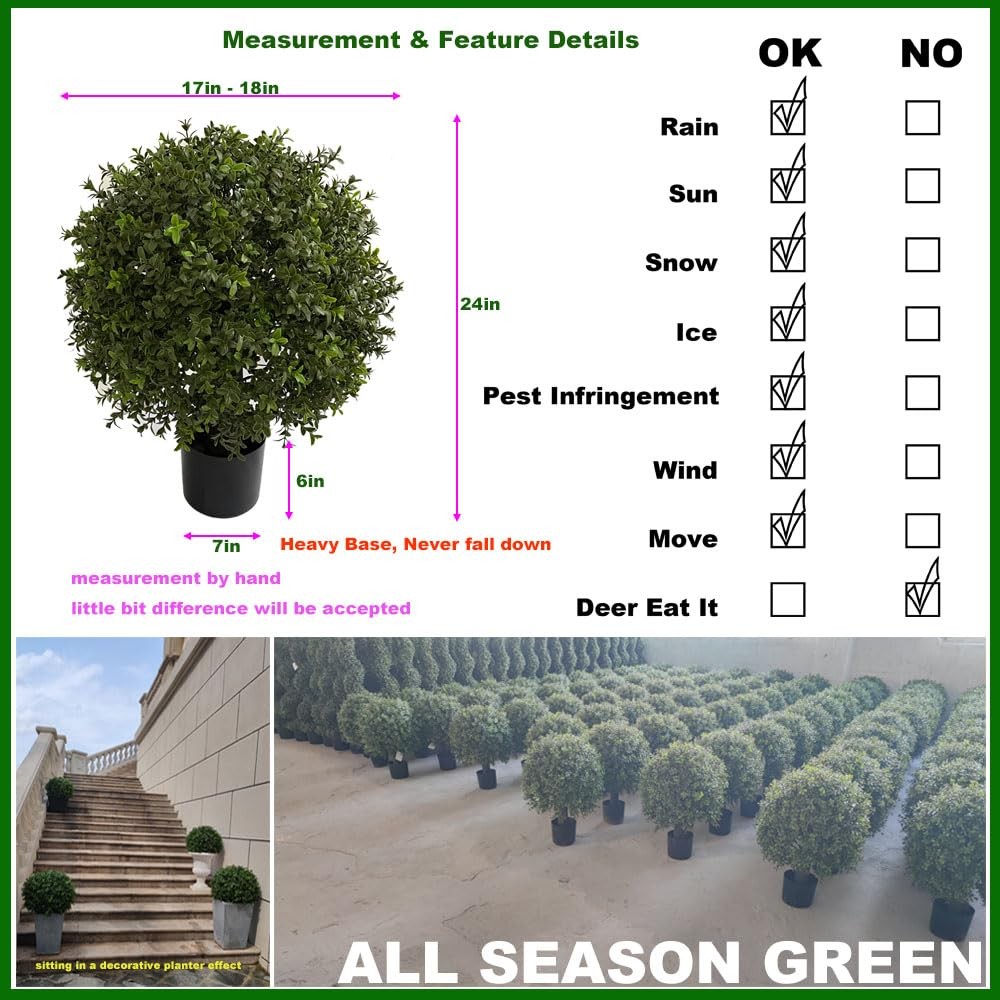 2’T 18”W Boxwood Ball Artificial Topiary Trees Potted Faux Outdoor Plants fo…