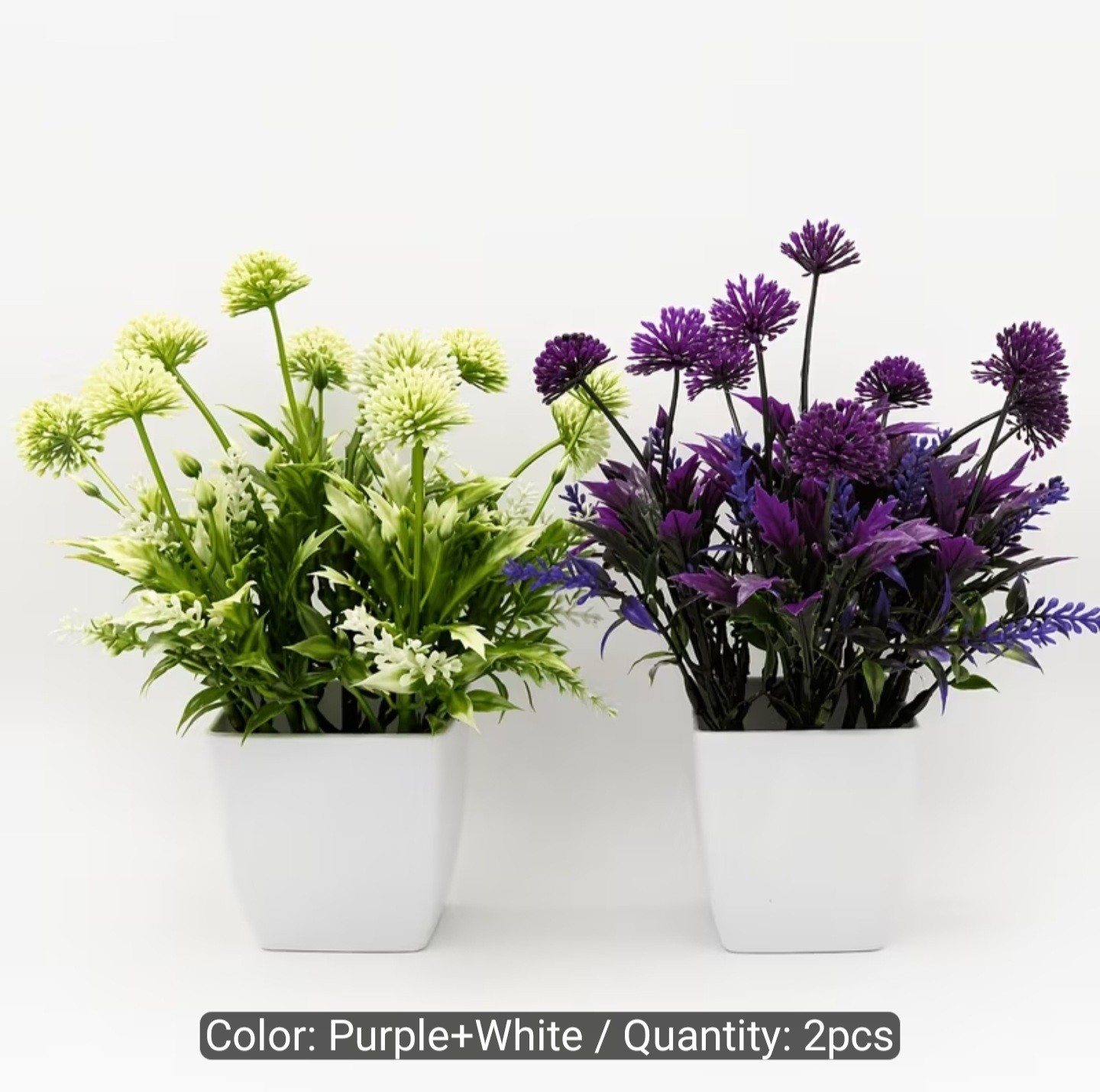 2pcs Artificial Floral Potted Arrangement, Purple ,White Green 7.09inch