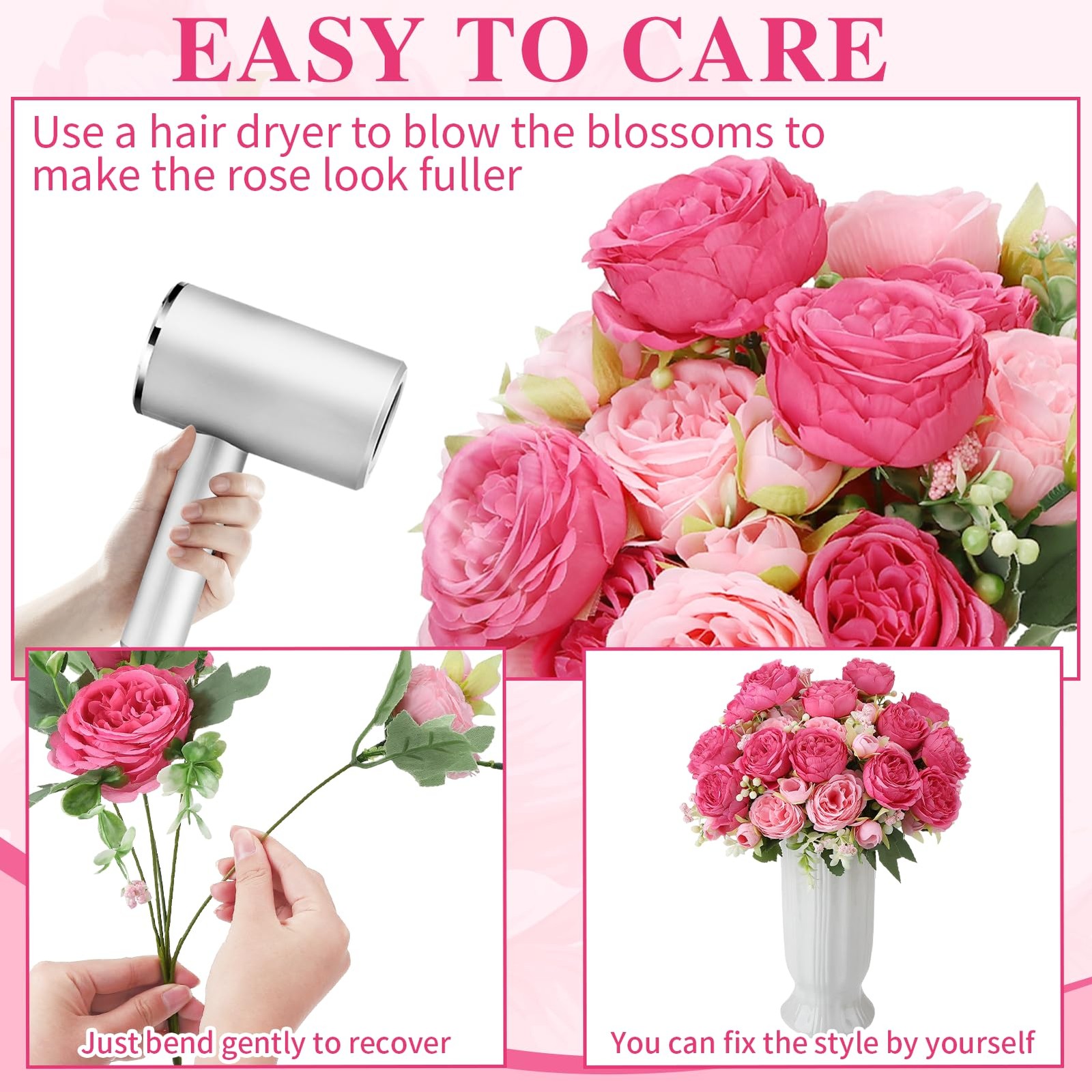 Ovveroche 16 Pack Pink,Hot Pink Peonies Artificial Flowers,Fake Silk Hydrange…