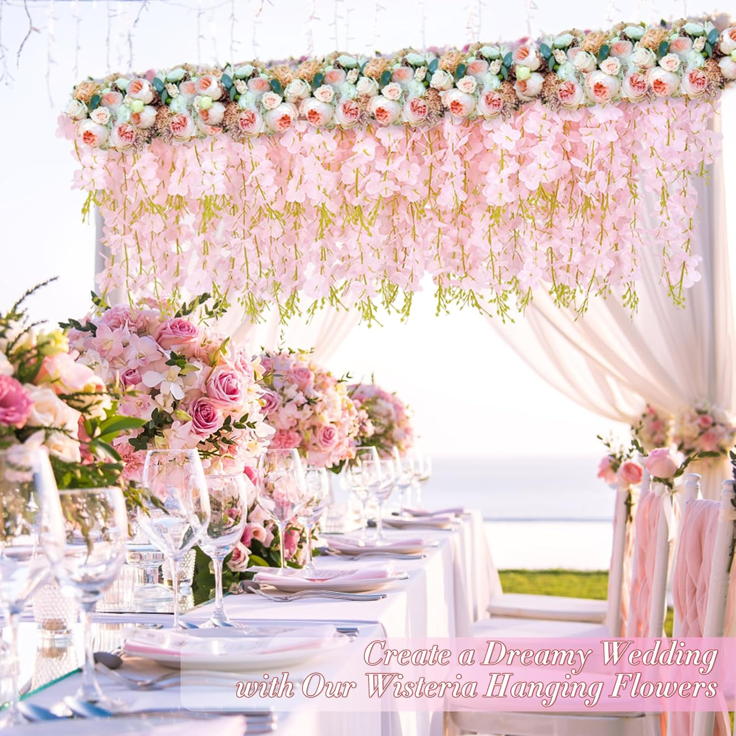 60 Pack Light Pink Wisteria Hanging Flowers for Home, Party, Wedding Decor