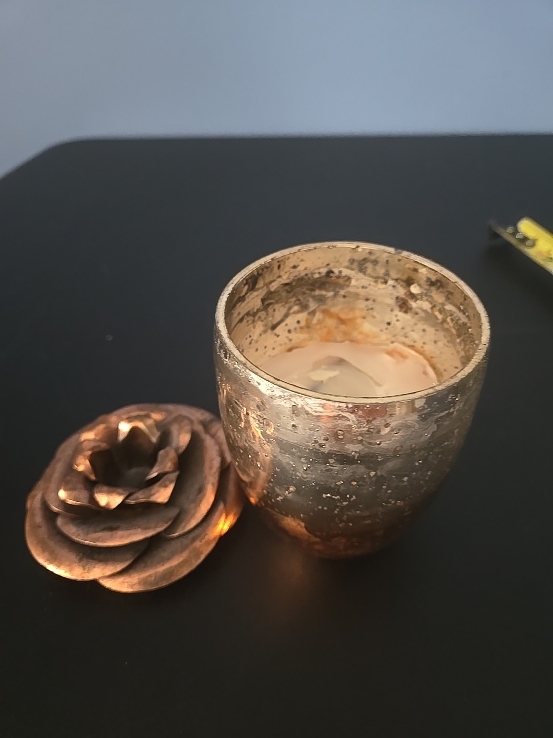 Copper Metal Rose Flower Top handcrafted bent welded & Partial Candle Glass