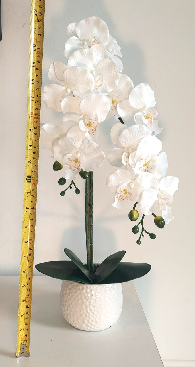 Potted Artificial Large Artificial Silk Orchid Flower Plant In White Pot, 23″ H