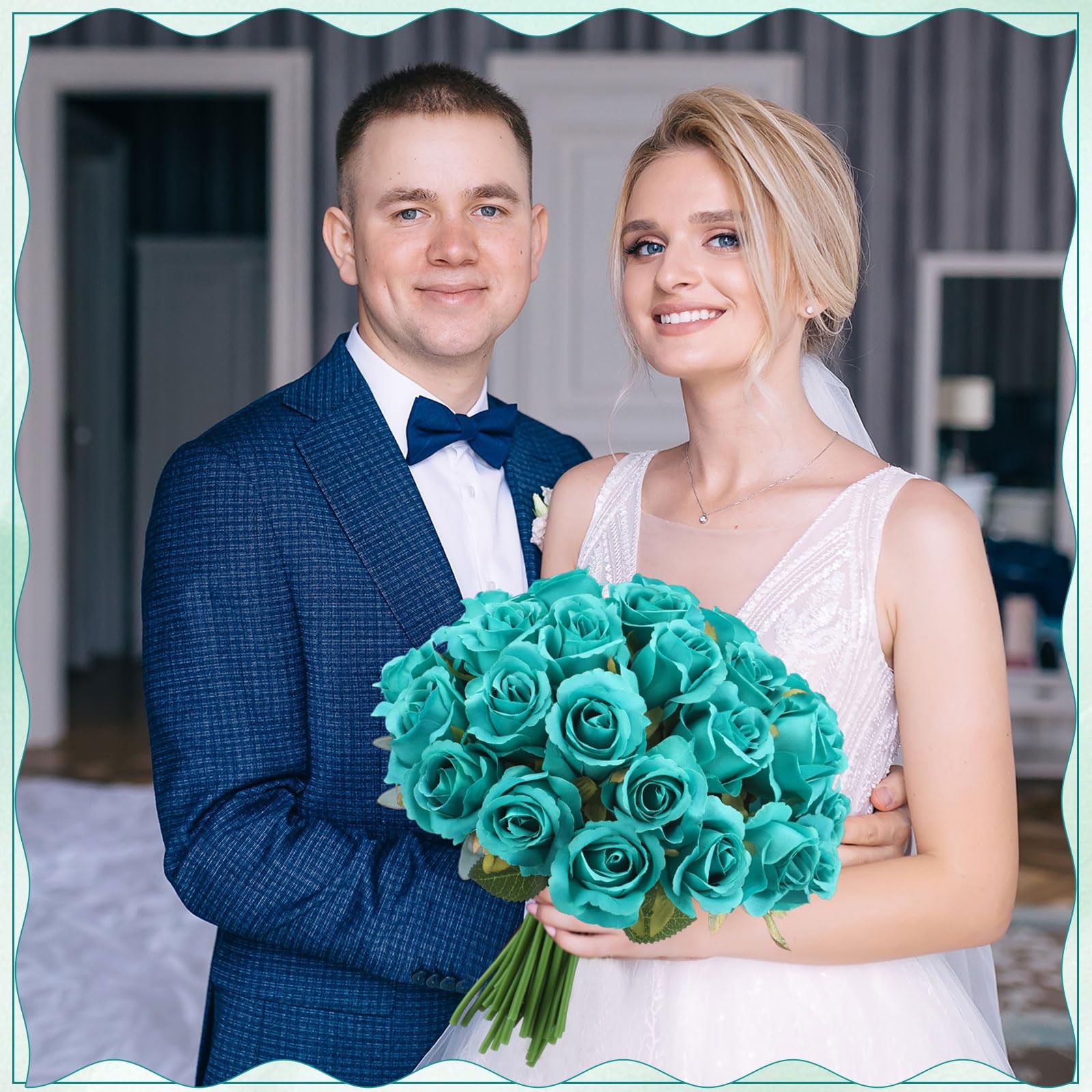 72 Heads Teal Artificial Flowers Turquoise Rose 6 Bouquet Wedding Decoration …