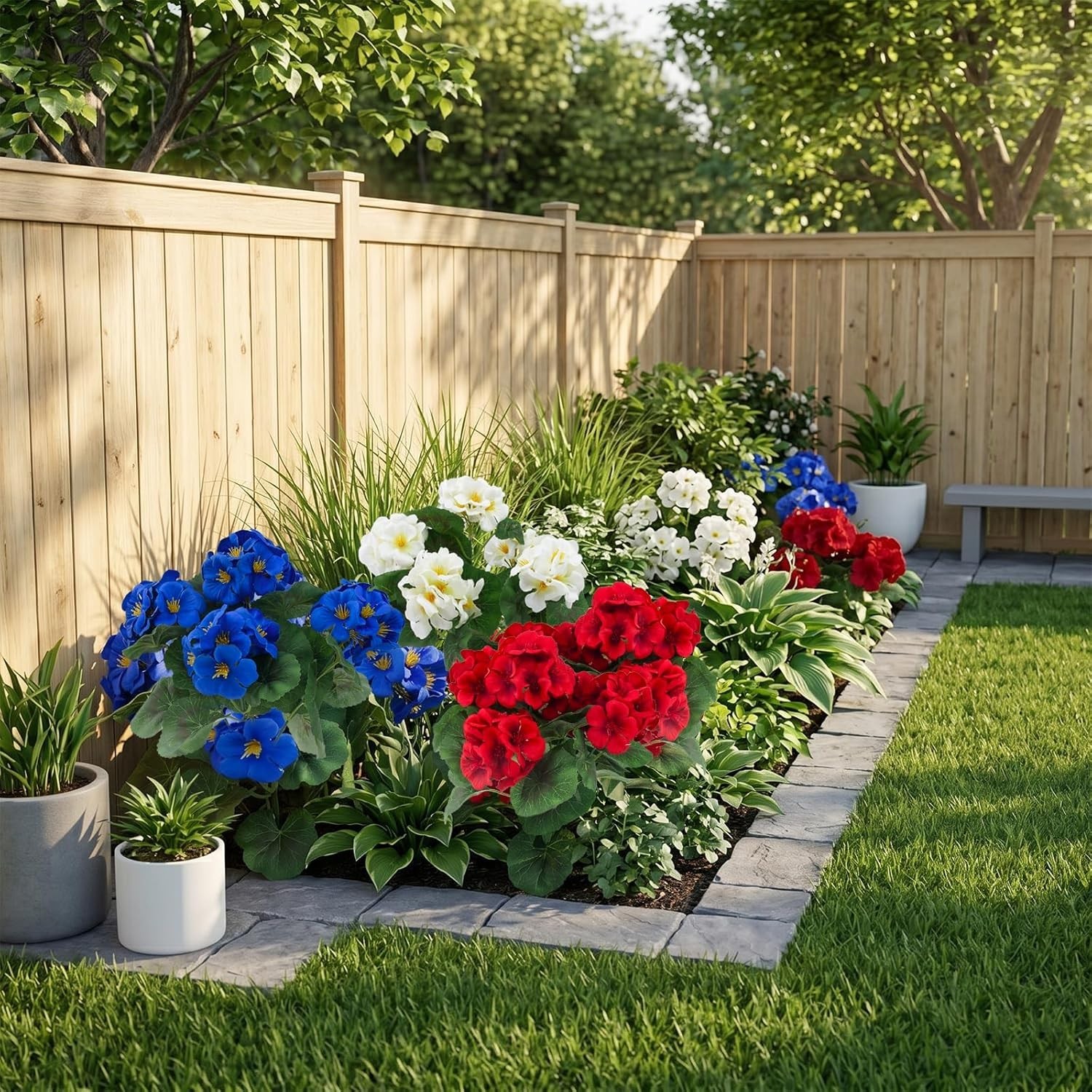 Artificial Geranium Flowers 6 Pcs UV Resistant RedWhiteBlue