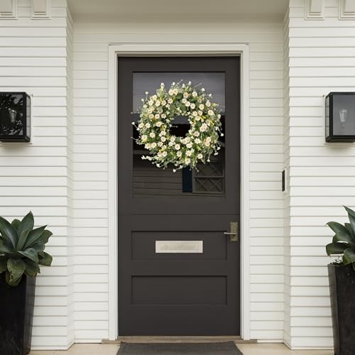 Daisy Wreath 24 Inch with Fake Silk Floral Green Eucalyptus Leaves and White