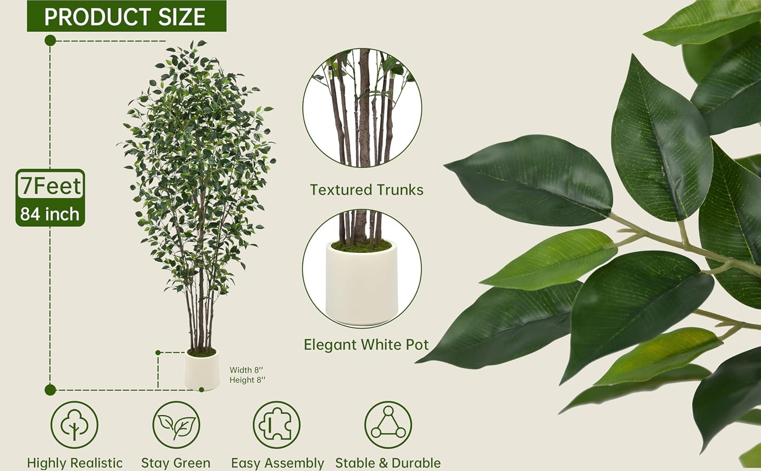 Artificial Ficus Tree 7FT with 1748 Leaves & White Planter Realistic Tall Large