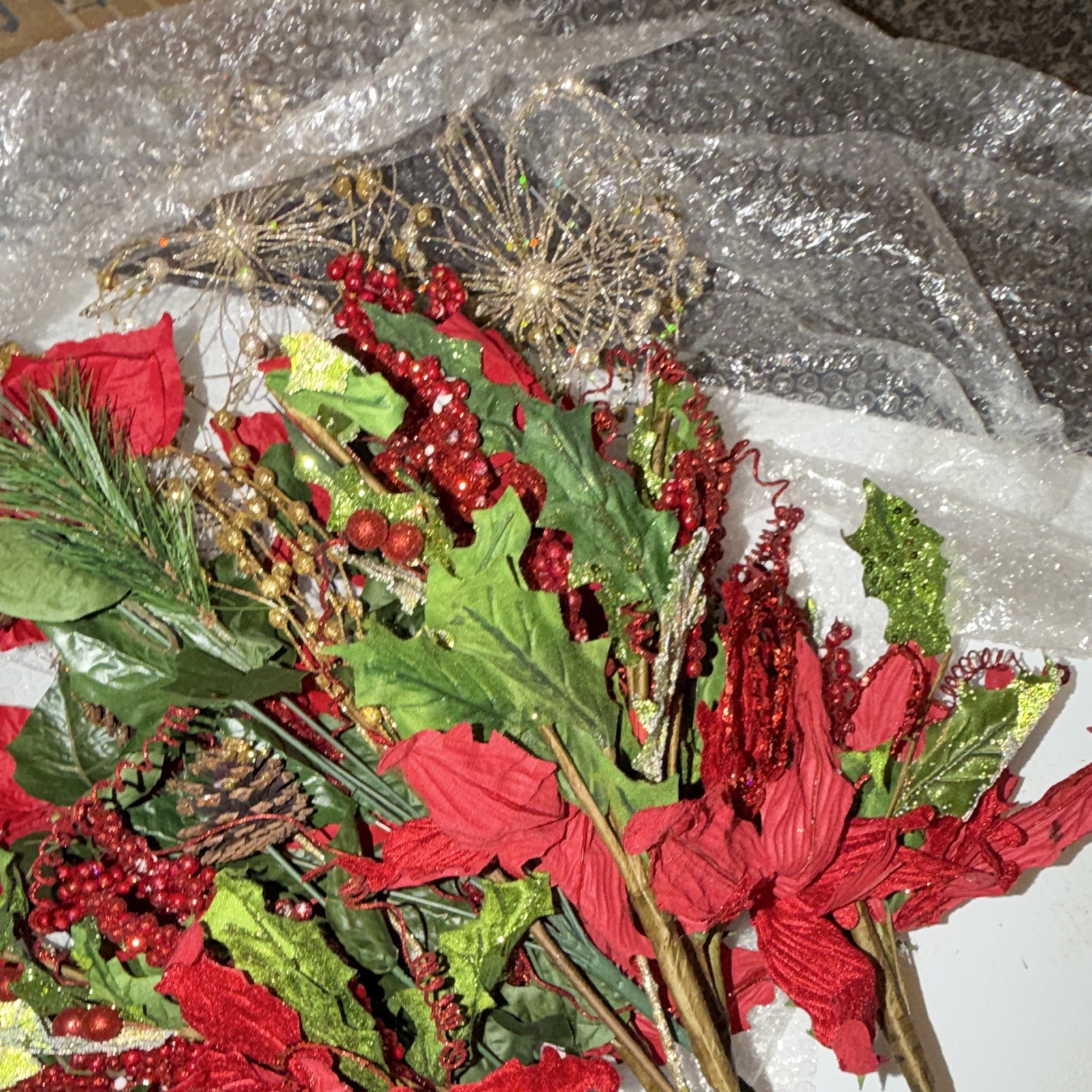Artificial Christmas Floral Stems Poinsettia Holly Red/Green Plastic Twig & Stem