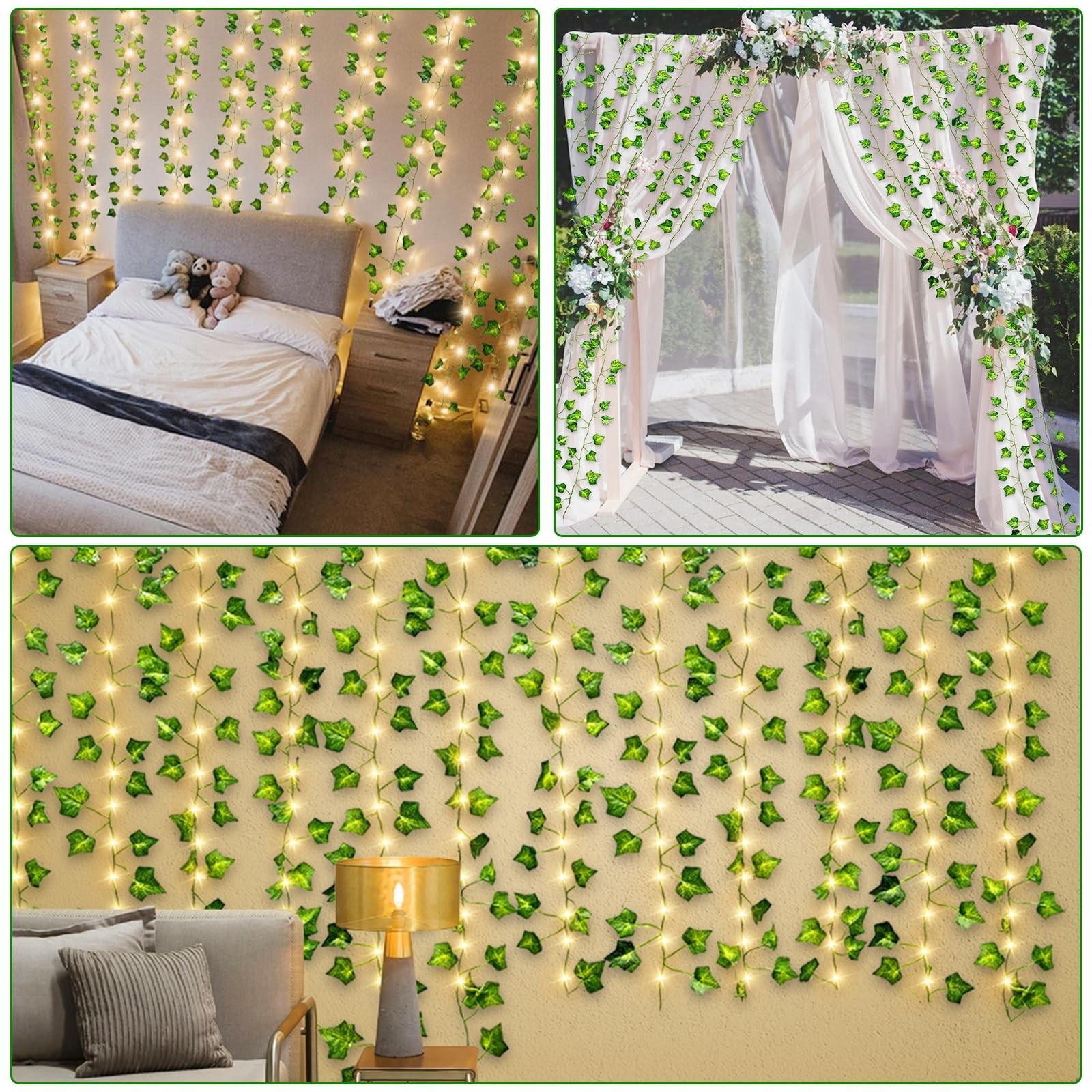 12 Pack Fake Vines 84Ft with 100 Lights & Timer, Thick Green Leaves, Faux Ivy Ga