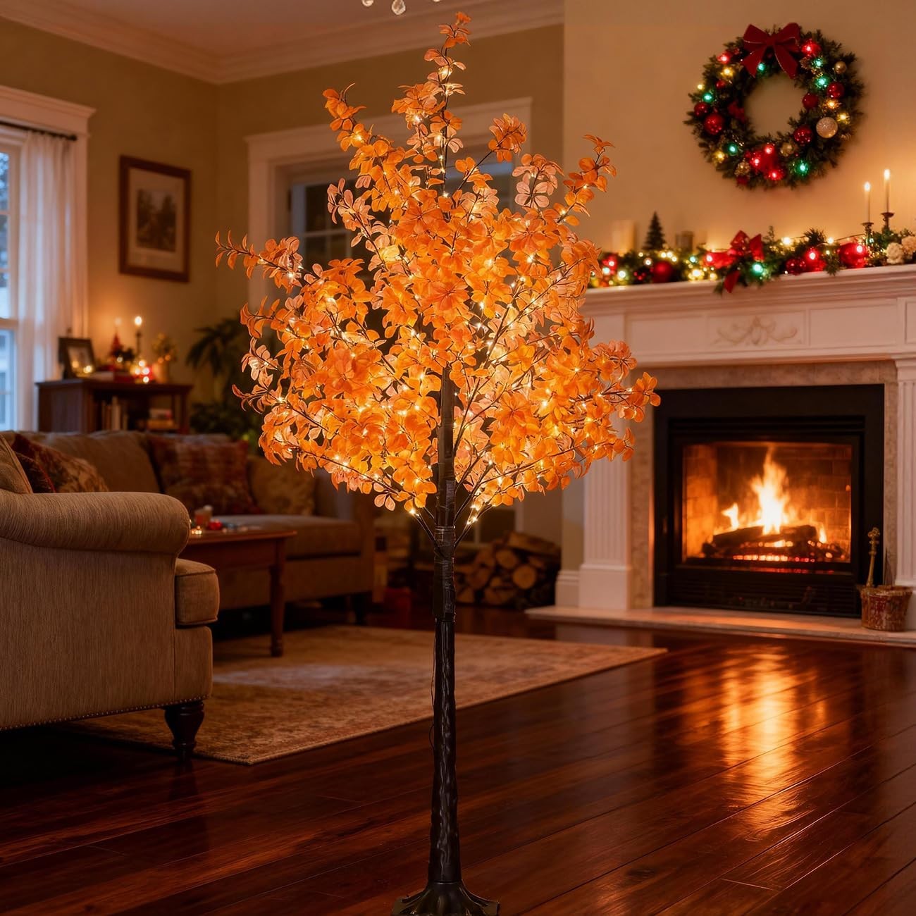 6FT 5-Leaf Lucky Tree with 300 Warm White LEDs (Yellow&Red Leaves)